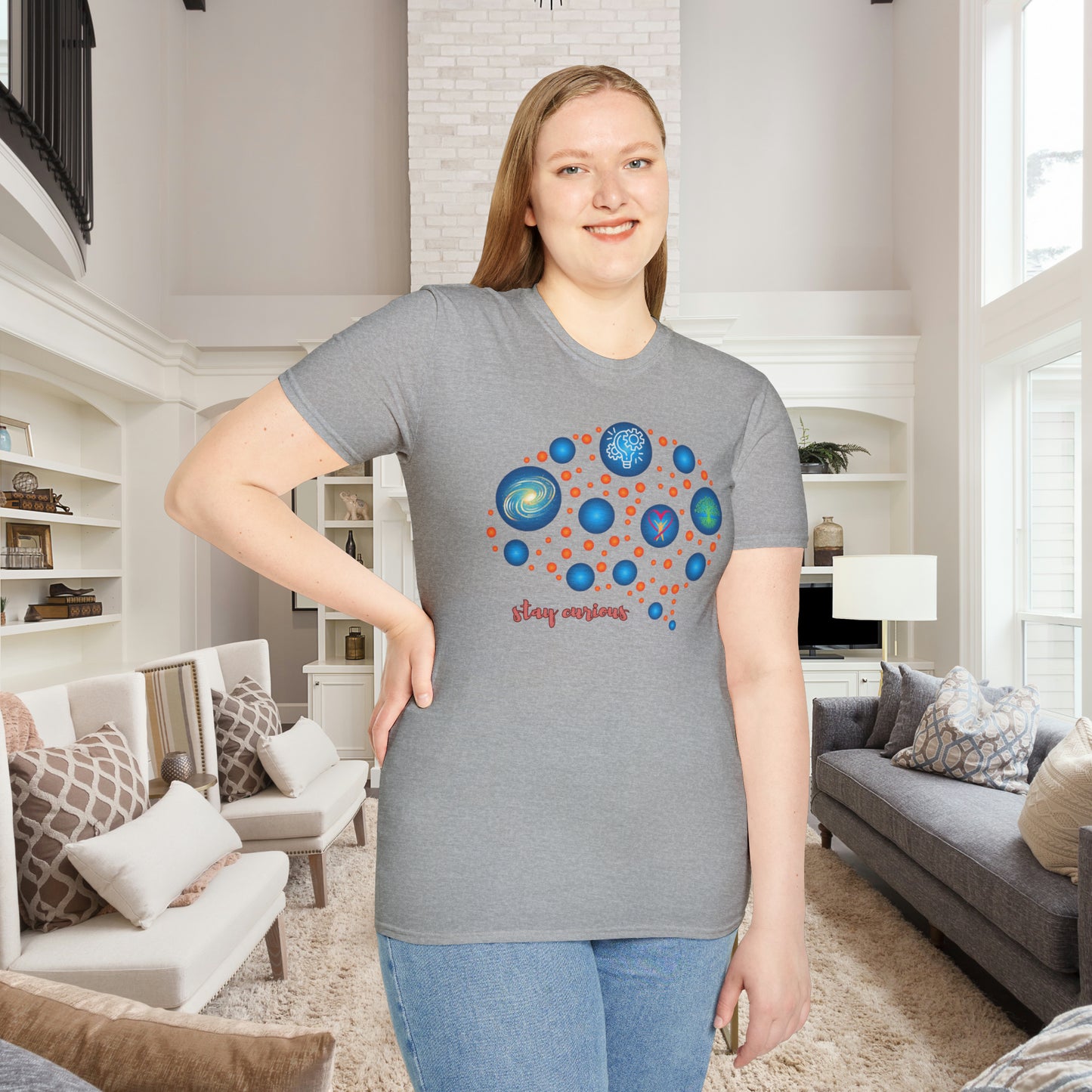 A beautiful brain and “stay curious” message are on this Unisex Softstyle T-Shirt design.