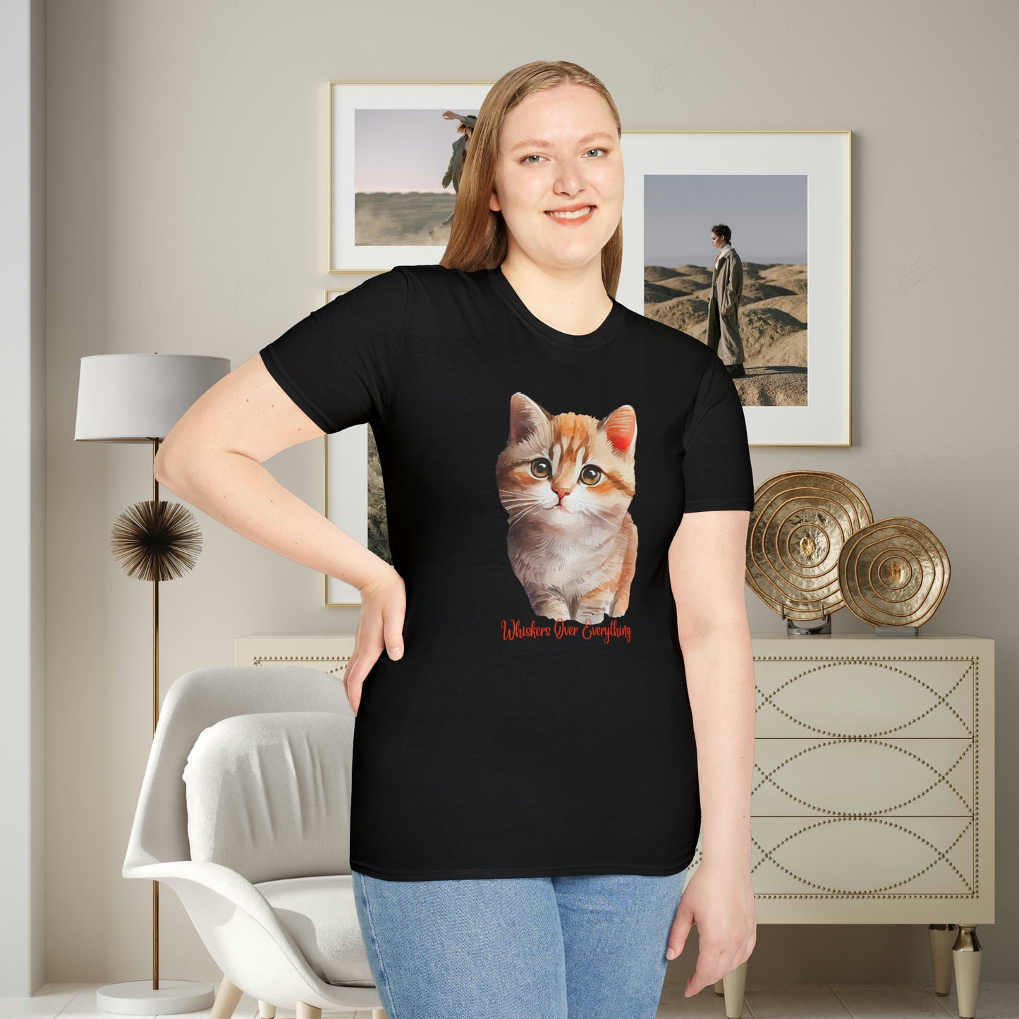 A cute cat with “Whiskers over everything” below it on this Unisex Softstyle T-Shirt. Cat lovers get this.