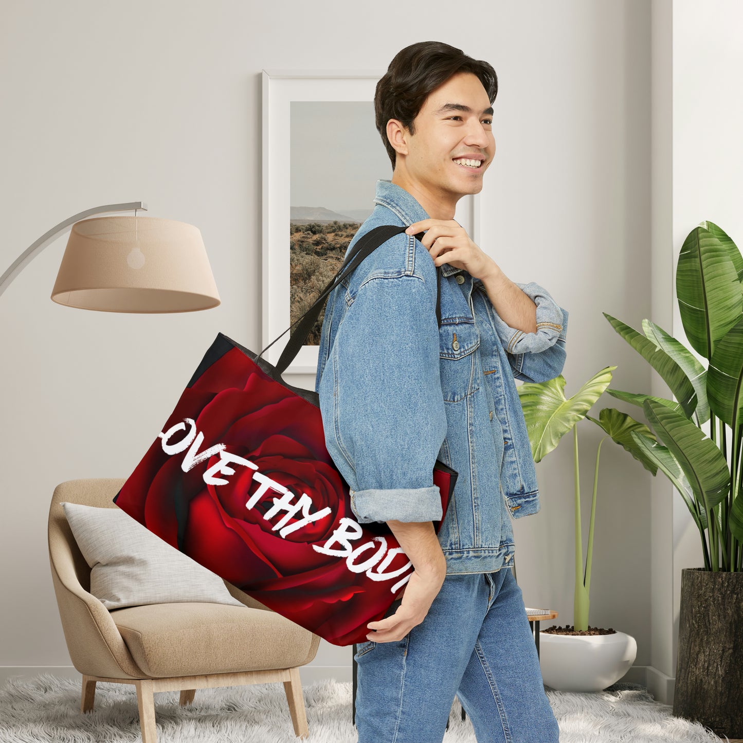 We just have one so it is wise to “Love Thy Body” as this rosy Weekender Tote Bag reminds us. My sister (a great fitness coach) inspired this message.