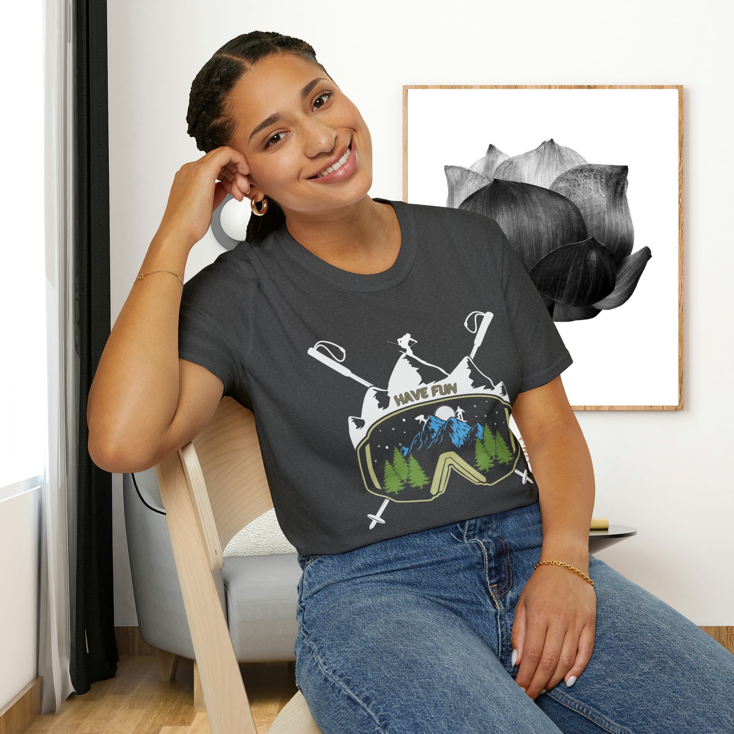Winter fun! Go ski, snowboard and enjoy all that powder! This is a Unisex Softstyle T-Shirt.