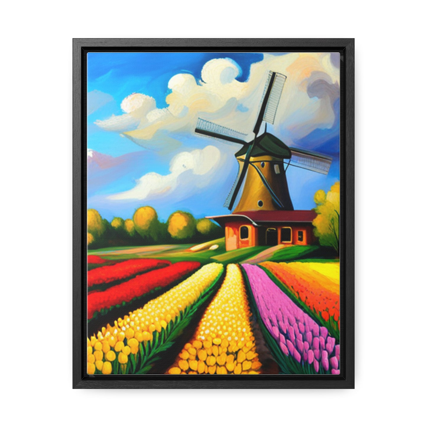 A Dutch windmill with a field of tulips inspired this design on this gallery canvas wrap with vertical frame. Sizes vary.