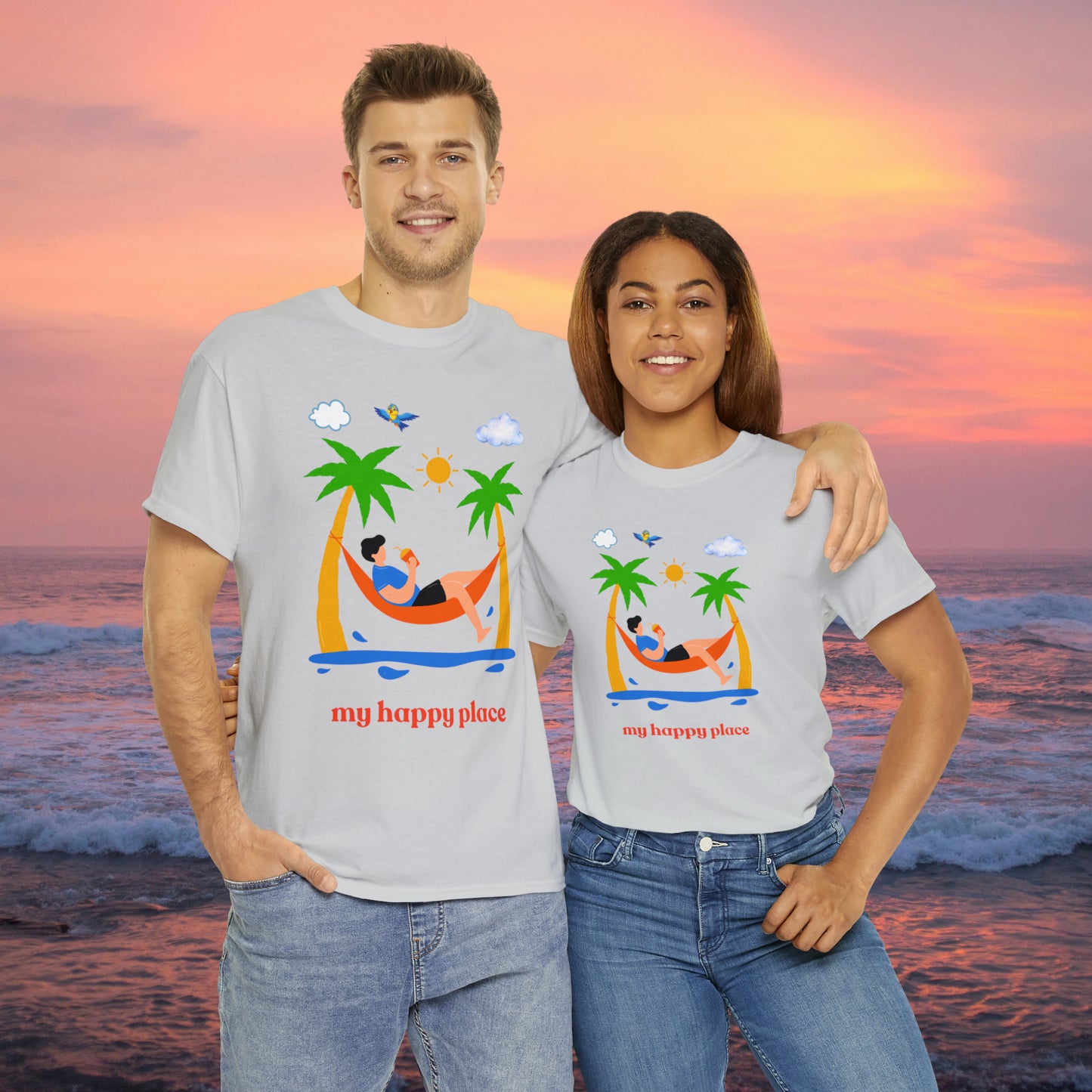 Is the beach your happy place? This is the shirt for you if it is. This Unisex Heavy Cotton Tee makes for a great gift or get one to enjoy yourself.