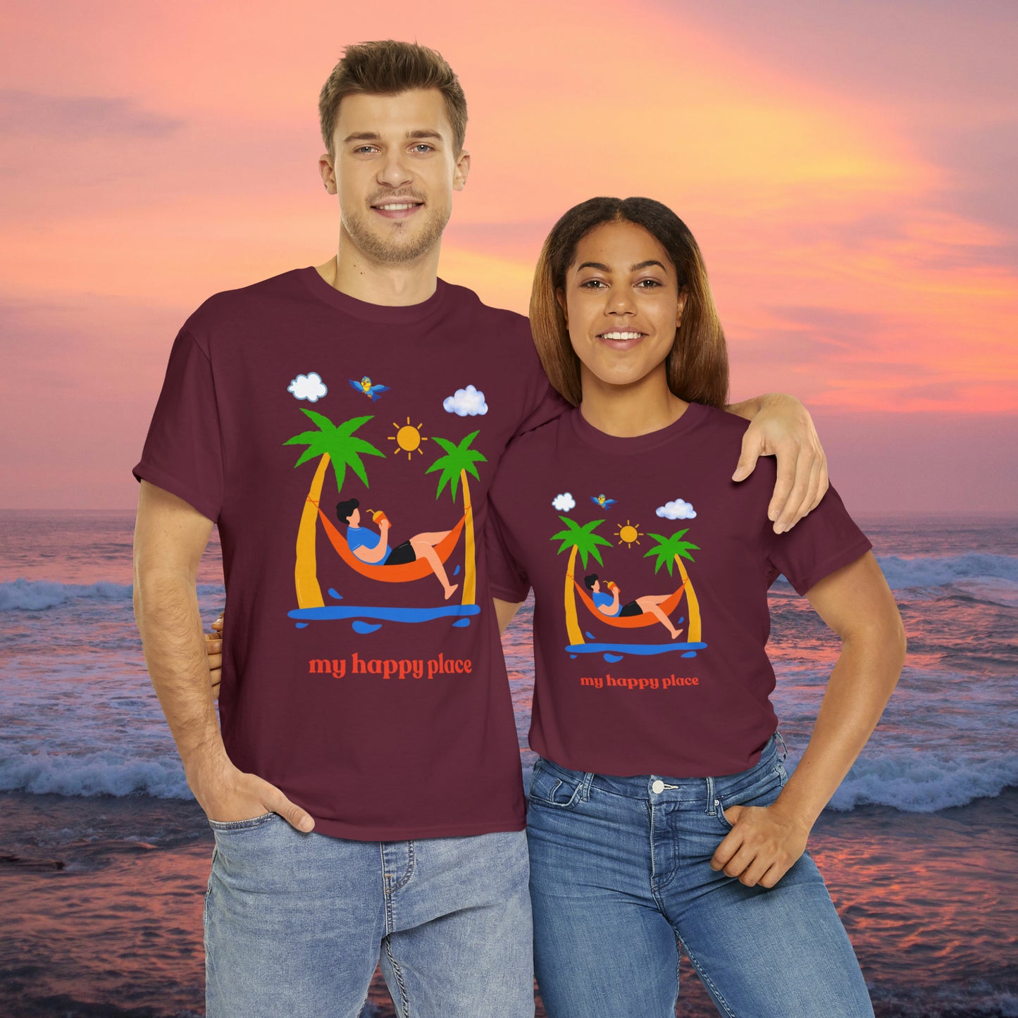 Is the beach your happy place? This is the shirt for you if it is. This Unisex Heavy Cotton Tee makes for a great gift or get one to enjoy yourself.