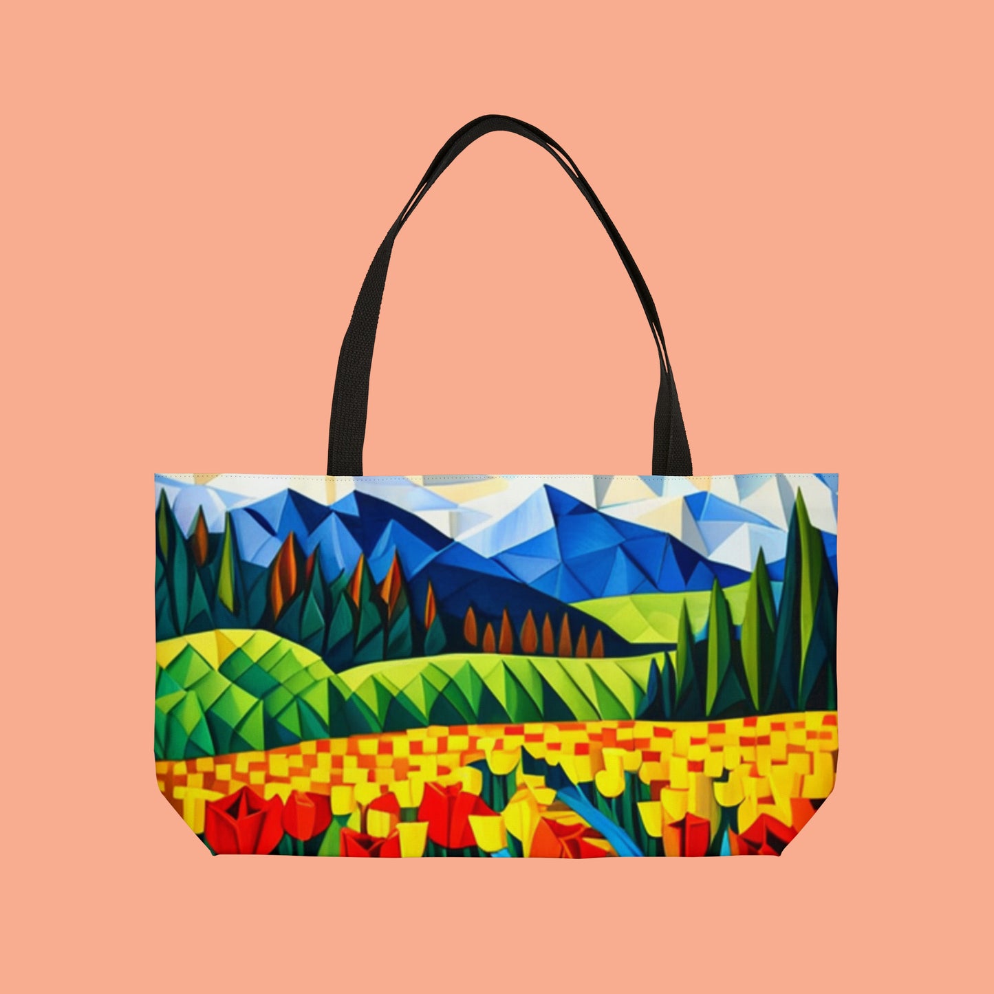 Dutch landscape in origami style inspired scenery on this beautiful Weekender Tote Bag.