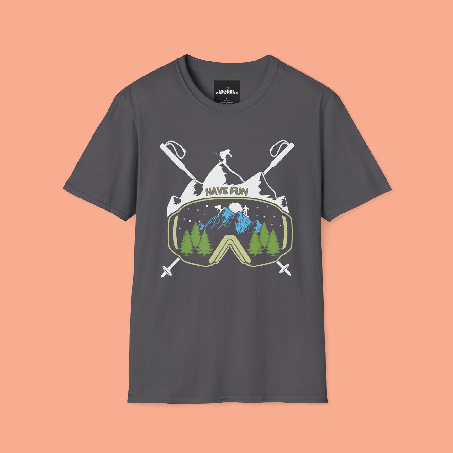 Winter fun! Go ski, snowboard and enjoy all that powder! This is a Unisex Softstyle T-Shirt.