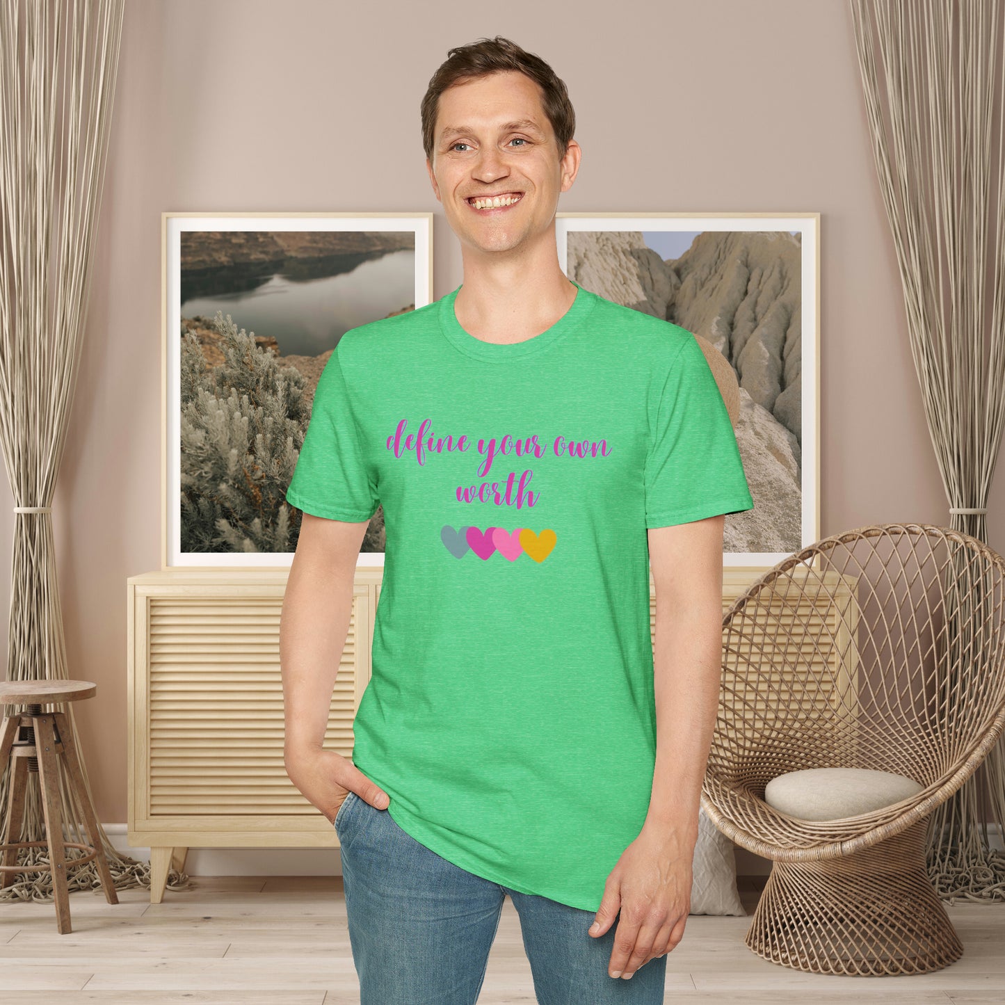 Motivational message to “define your own worth” instead of letting others do it for you on this Unisex Softstyle T-Shirt.