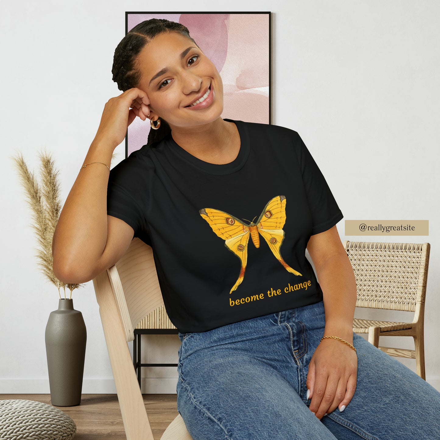 Beautiful butterfly “become the change” Unisex Softstyle T-Shirt design. A great and timeless message on a shirt.
