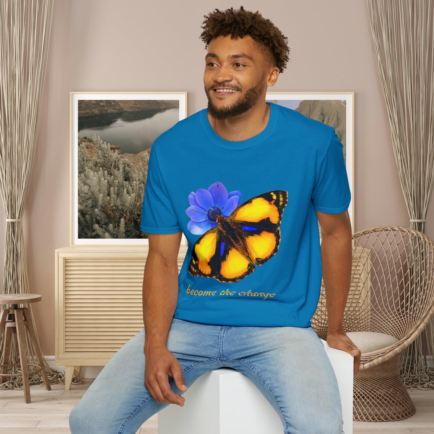 Beautiful “become the change" Unisex Softstyle T-Shirt butterfly design. Great as a gift or get one for yourself.