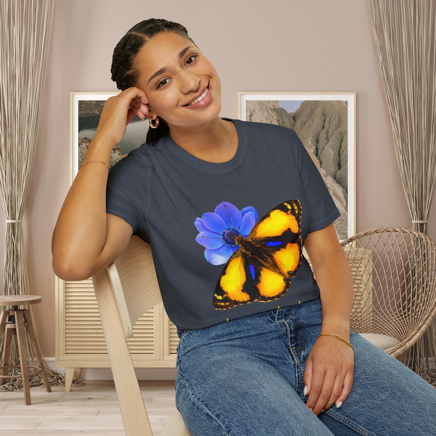 Beautiful “become the change" Unisex Softstyle T-Shirt butterfly design. Great as a gift or get one for yourself.