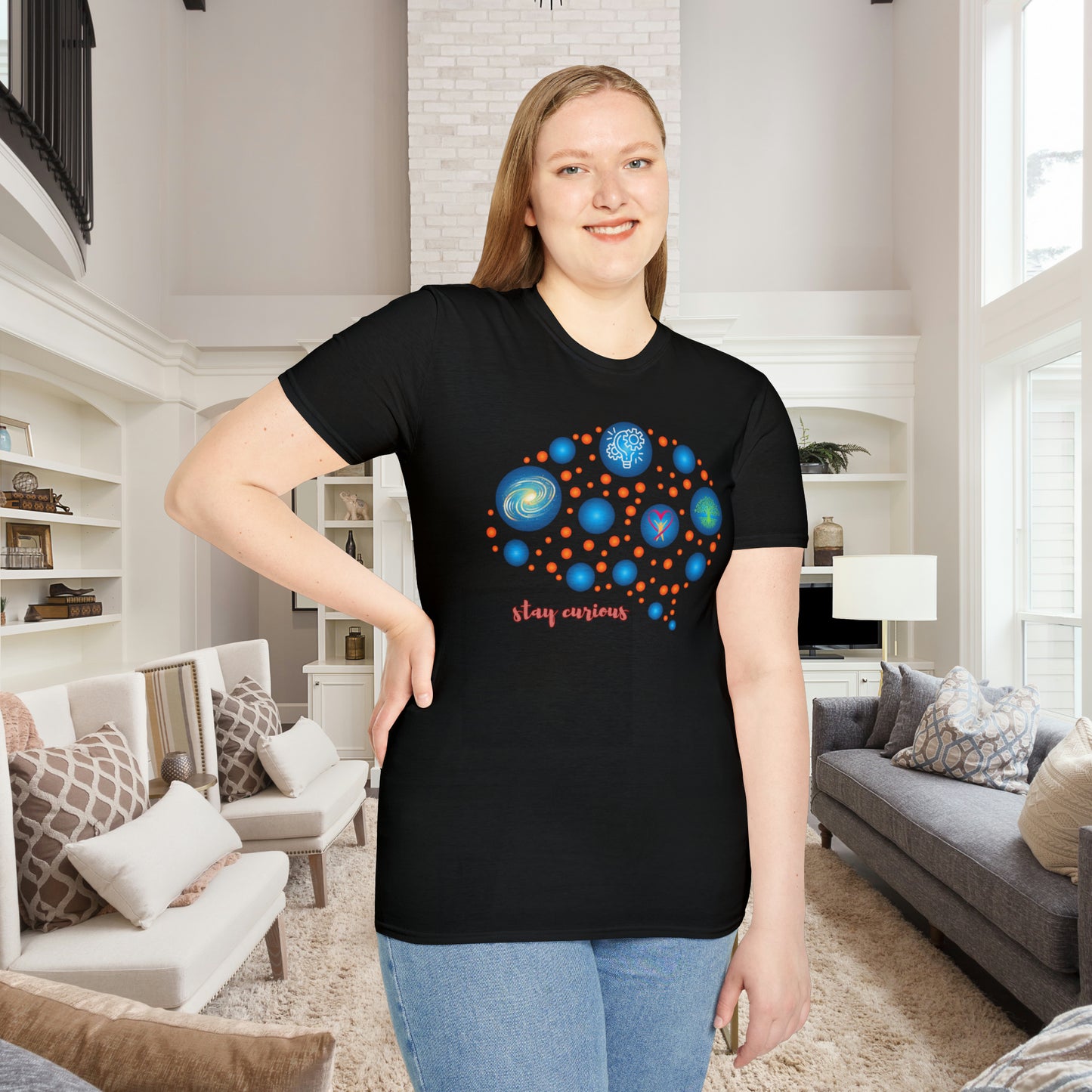 A beautiful brain and “stay curious” message are on this Unisex Softstyle T-Shirt design.