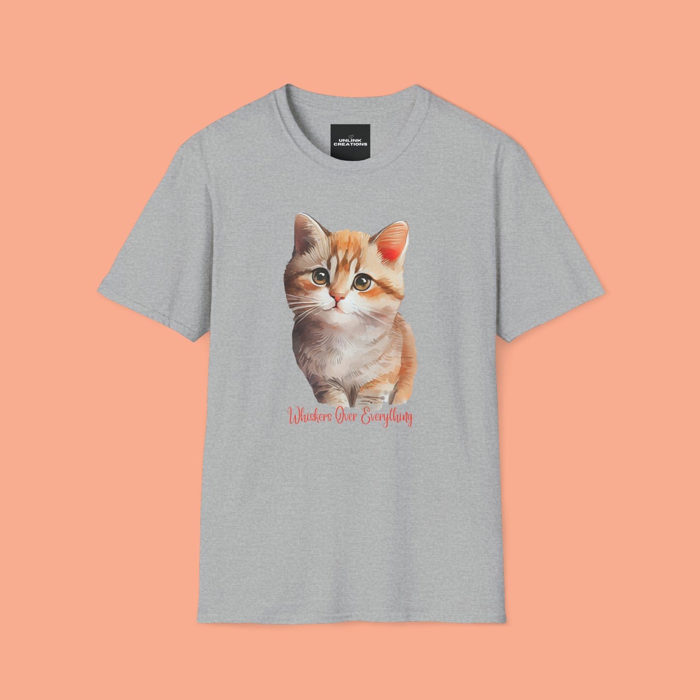 A cute cat with “Whiskers over everything” below it on this Unisex Softstyle T-Shirt. Cat lovers get this.