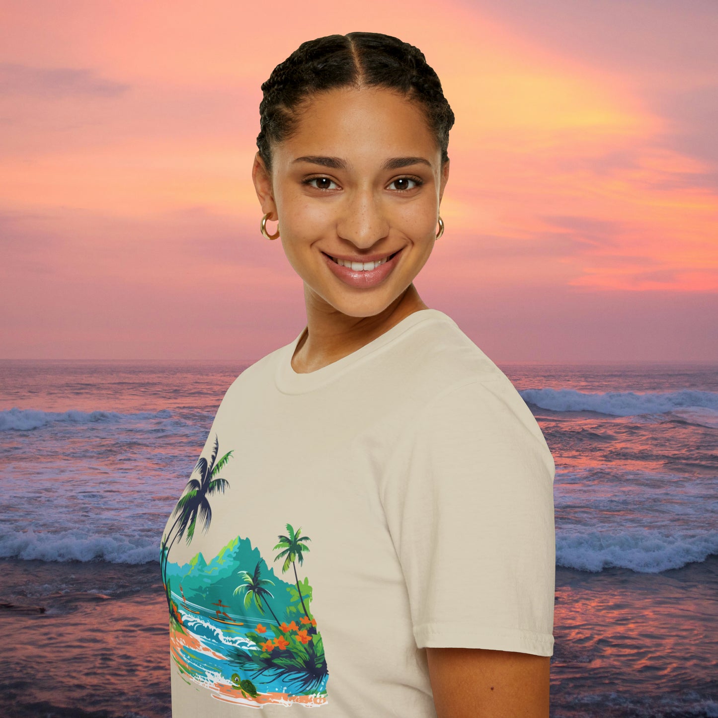A peaceful paddle board yoga, anyone? With turtles, palm trees and yes the ocean and mountains. Enjoy! A Unisex Softstyle T-Shirt.