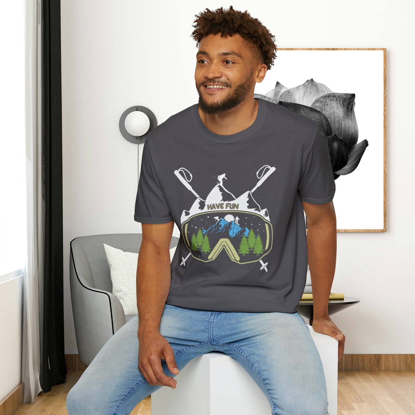 Winter fun! Go ski, snowboard and enjoy all that powder! This is a Unisex Softstyle T-Shirt.
