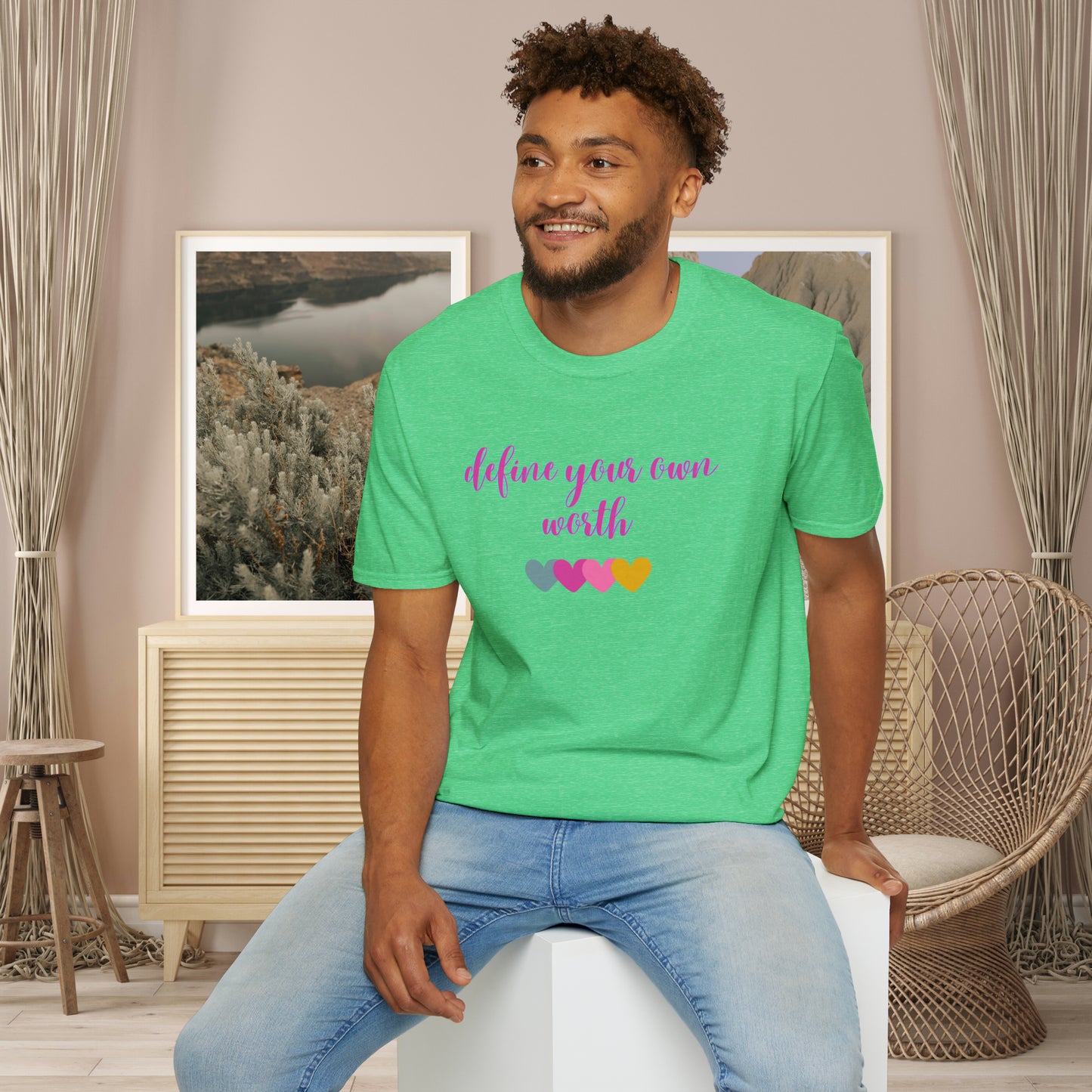 Motivational message to “define your own worth” instead of letting others do it for you on this Unisex Softstyle T-Shirt.