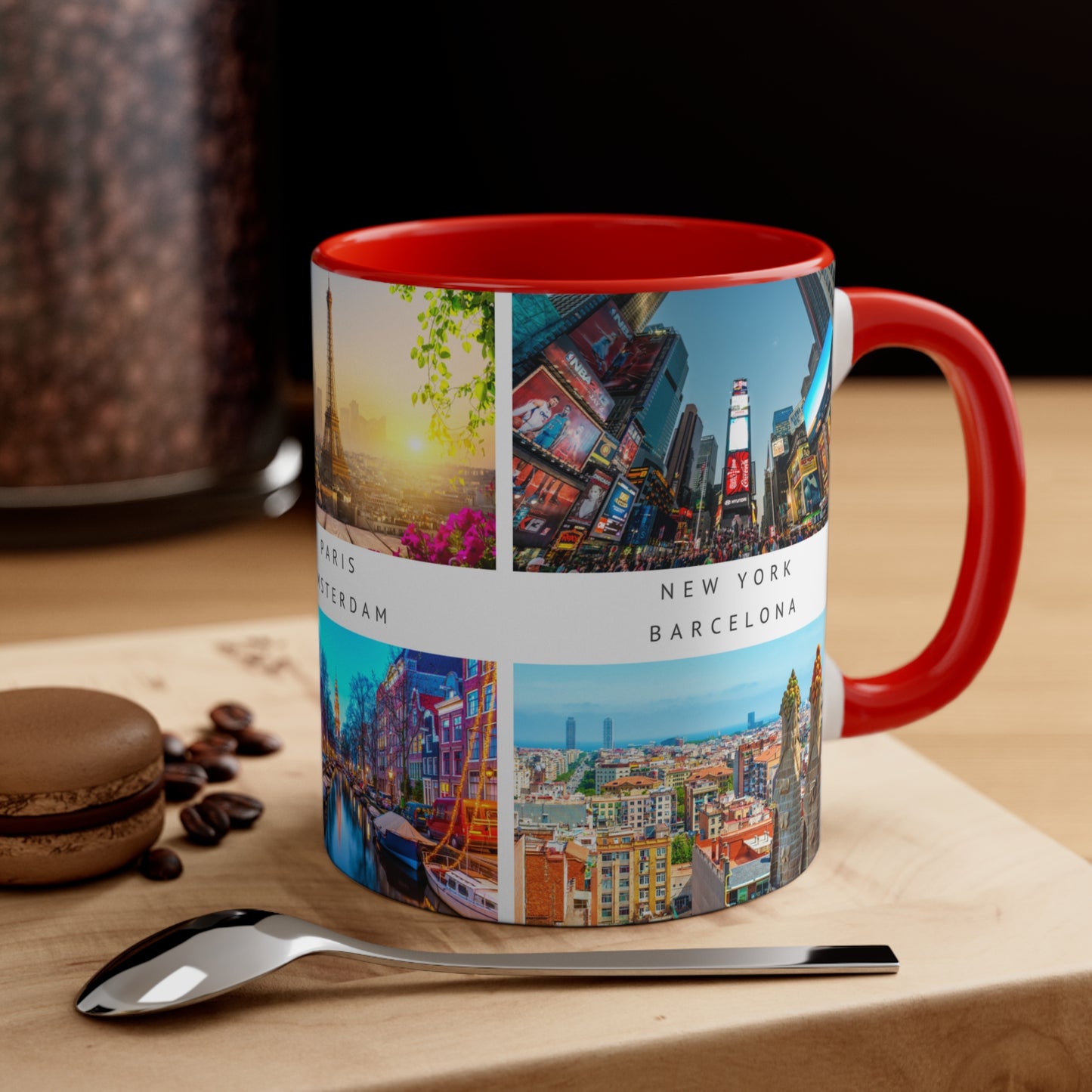 London, Montreal, Paris, Amsterdam, New York and Barcelona! This Travel Accent Coffee Mug is a part of a Travel Series for you to choose from. 11oz. Great as a gift or get one to enjoy yourself.