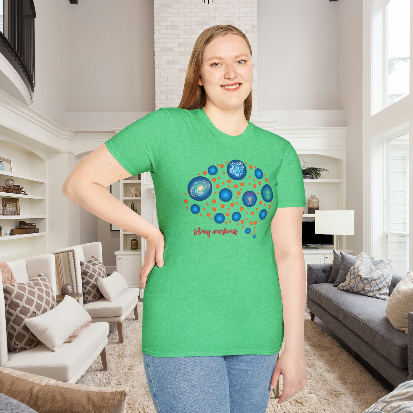 A beautiful brain and “stay curious” message are on this Unisex Softstyle T-Shirt design.