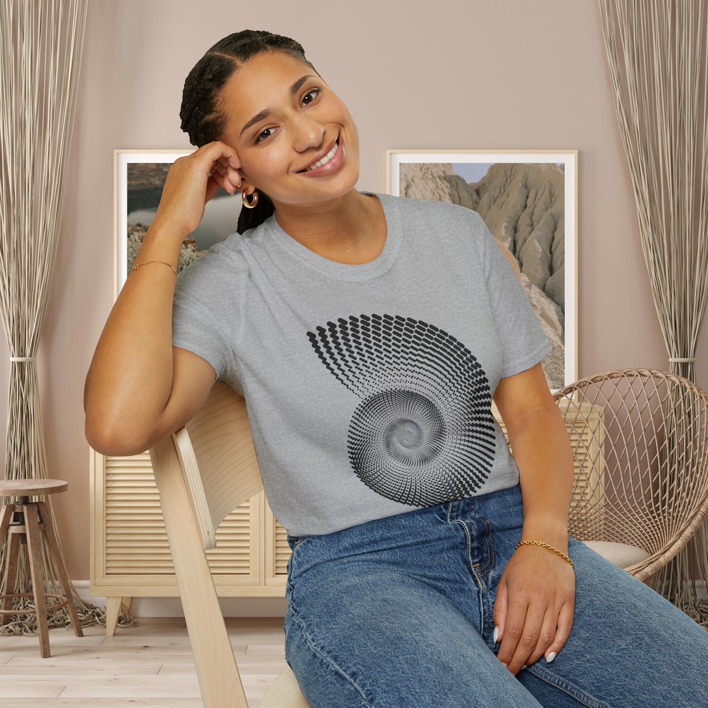 Black nautilus and shell inspired design to celebrate the beauty in nature on this Unisex Softstyle T-Shirt.
