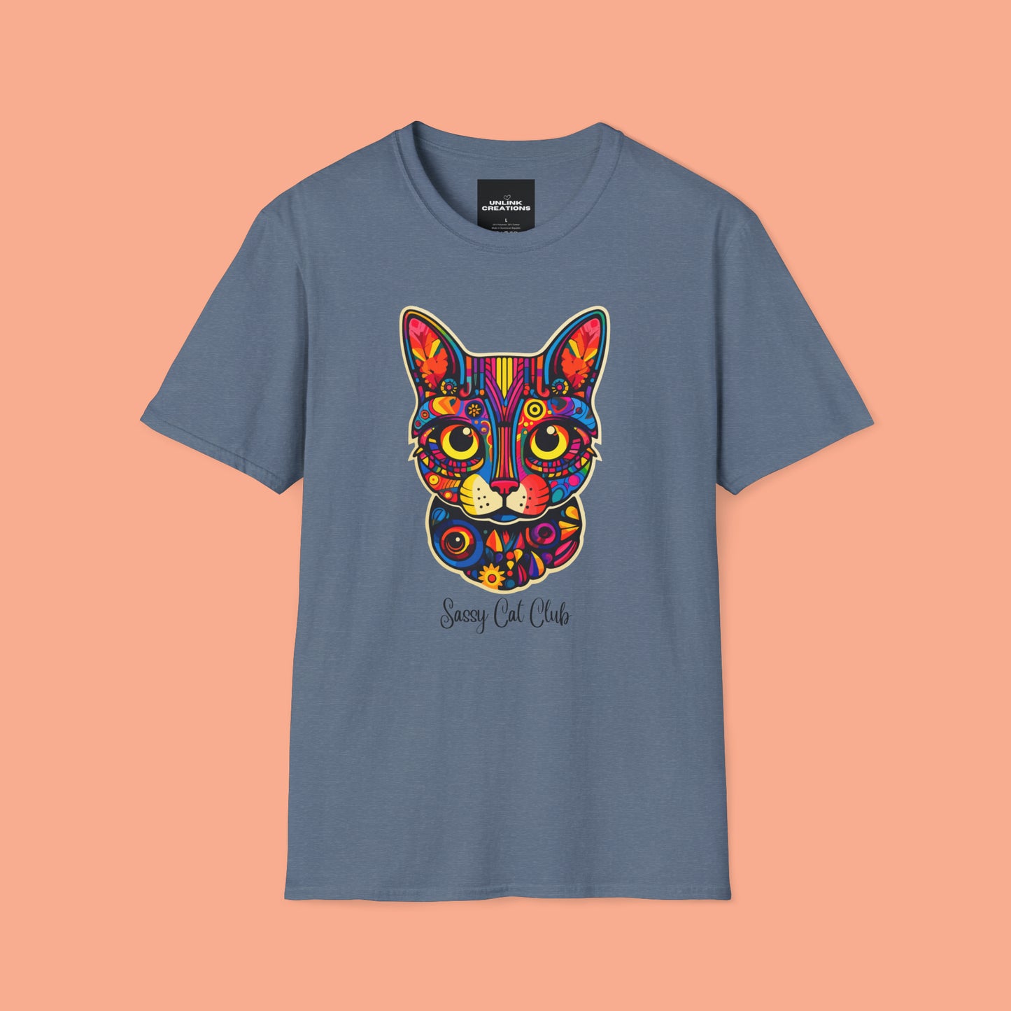 A mesmerizing cat that just pulls you to look into its eyes with “Sassy Cat Club” below it on this Unisex Softstyle T-Shirt.