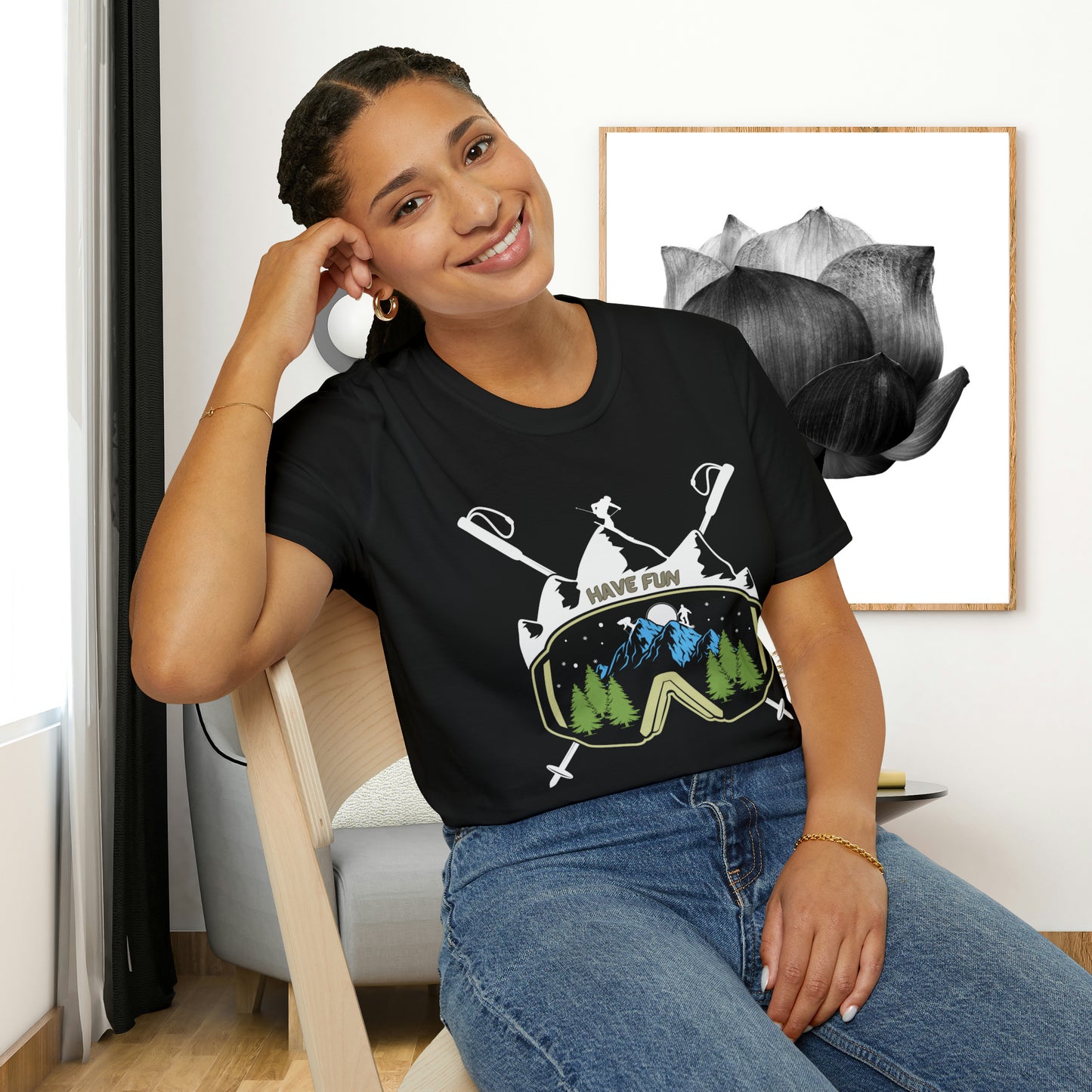 Winter fun! Go ski, snowboard and enjoy all that powder! This is a Unisex Softstyle T-Shirt.