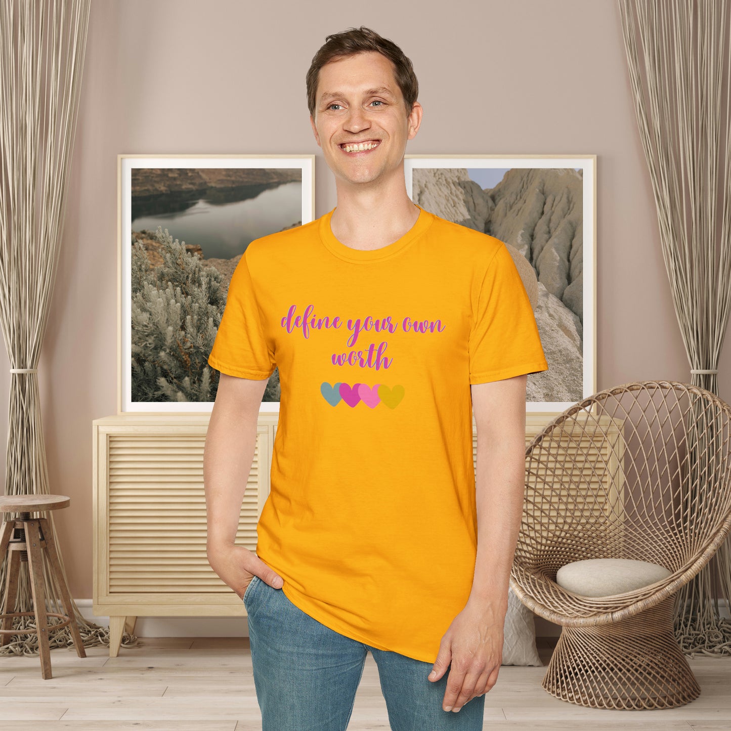 Motivational message to “define your own worth” instead of letting others do it for you on this Unisex Softstyle T-Shirt.