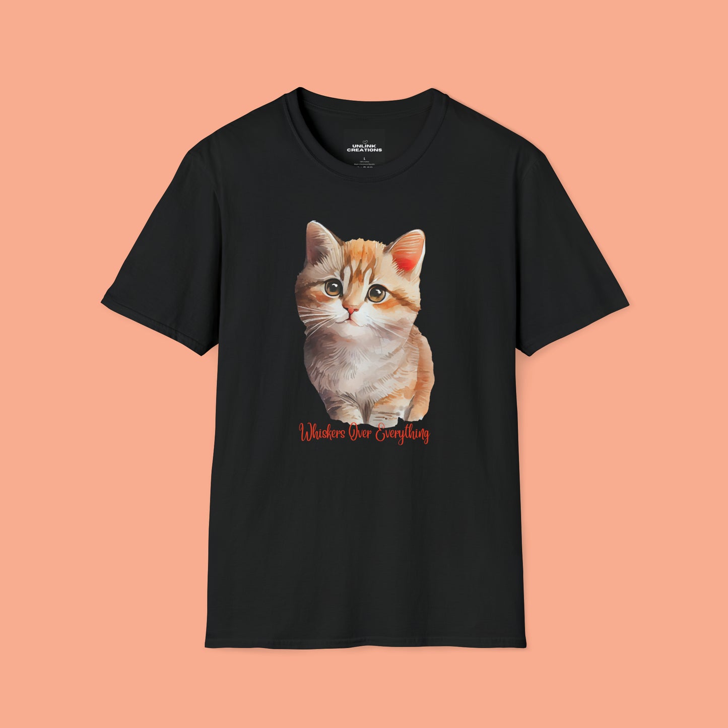 A cute cat with “Whiskers over everything” below it on this Unisex Softstyle T-Shirt. Cat lovers get this.