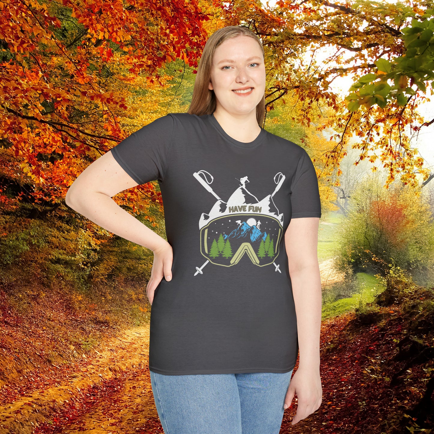 Winter fun! Go ski, snowboard and enjoy all that powder! This is a Unisex Softstyle T-Shirt.