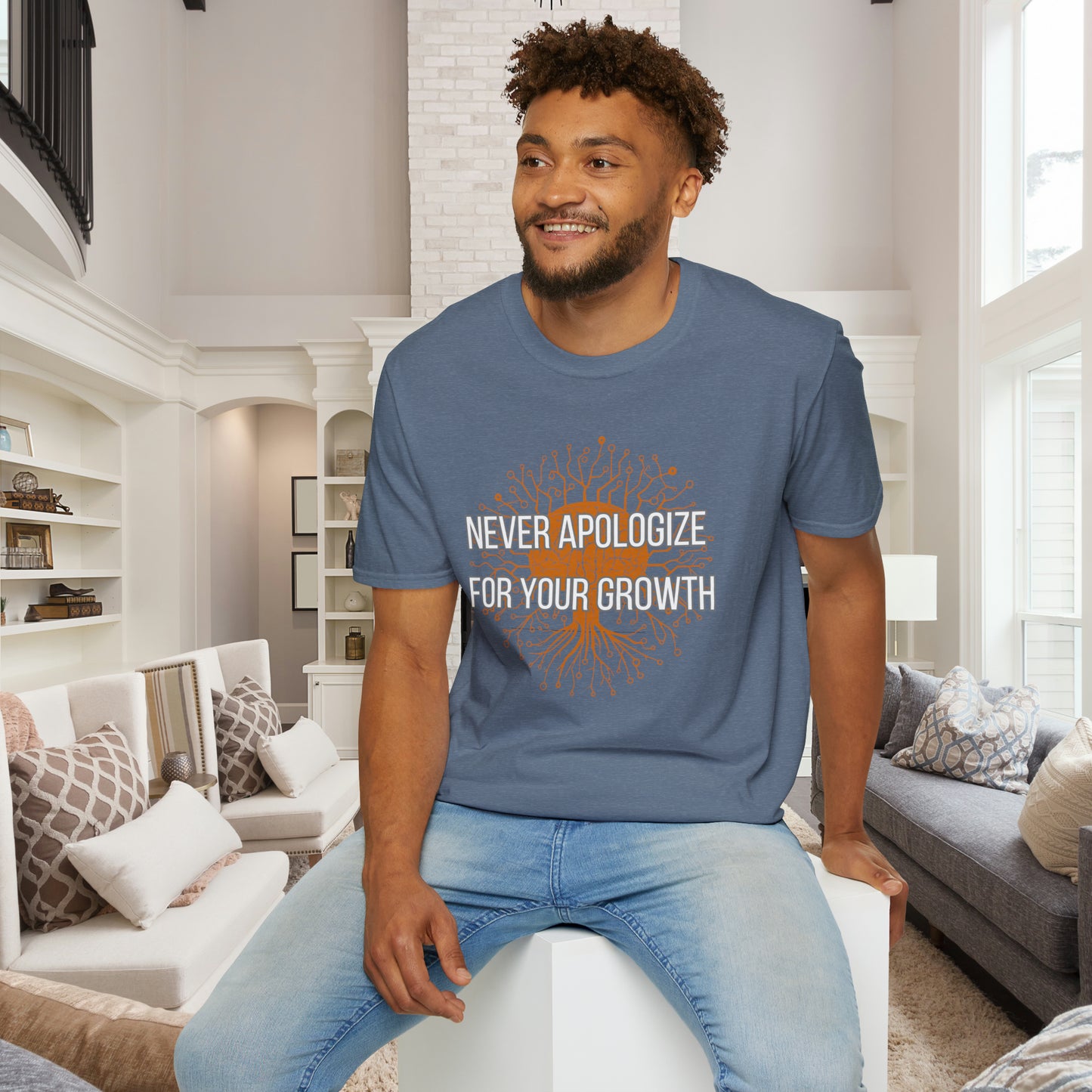 Pretty cool "NEVER APOLOGIZE FOR YOUR GROWTH” message are on this Unisex Softstyle T-Shirt design.
