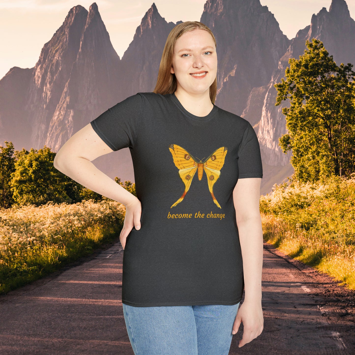 Beautiful butterfly “become the change” Unisex Softstyle T-Shirt design. A great and timeless message on a shirt.