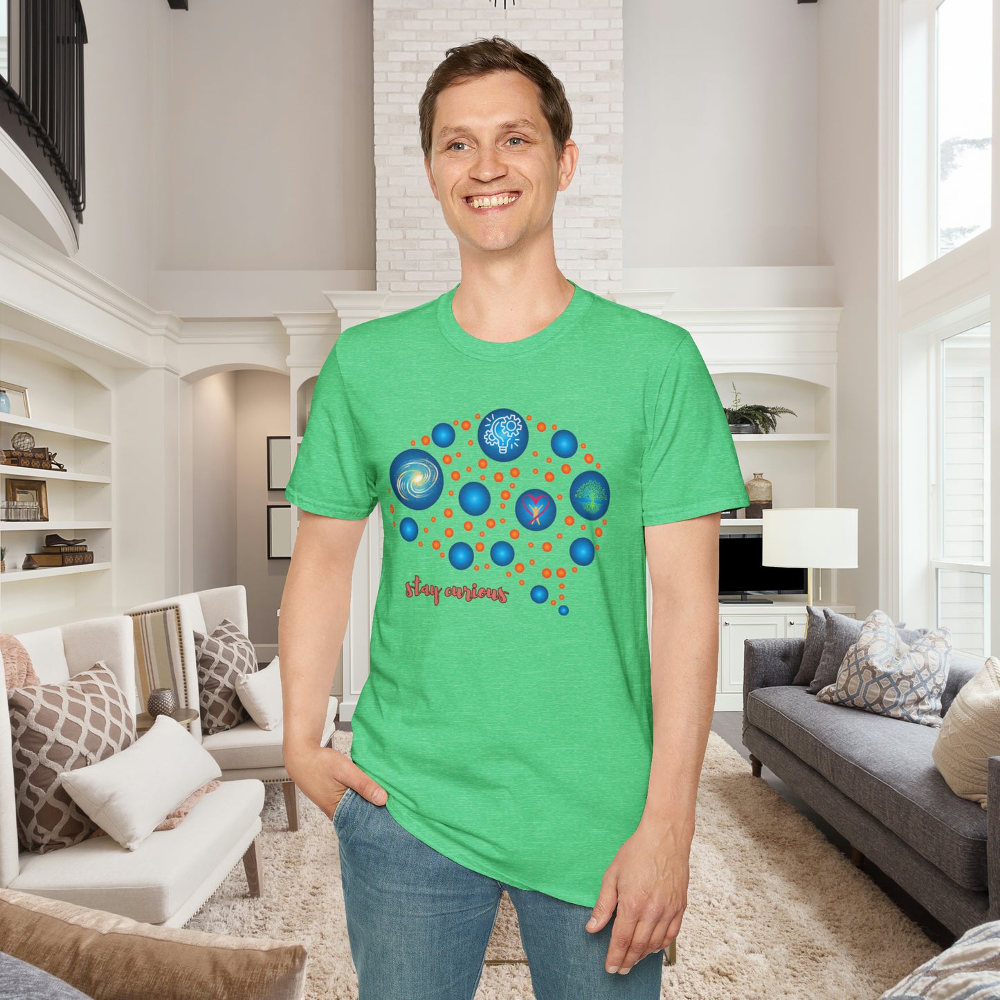 A beautiful brain and “stay curious” message are on this Unisex Softstyle T-Shirt design.