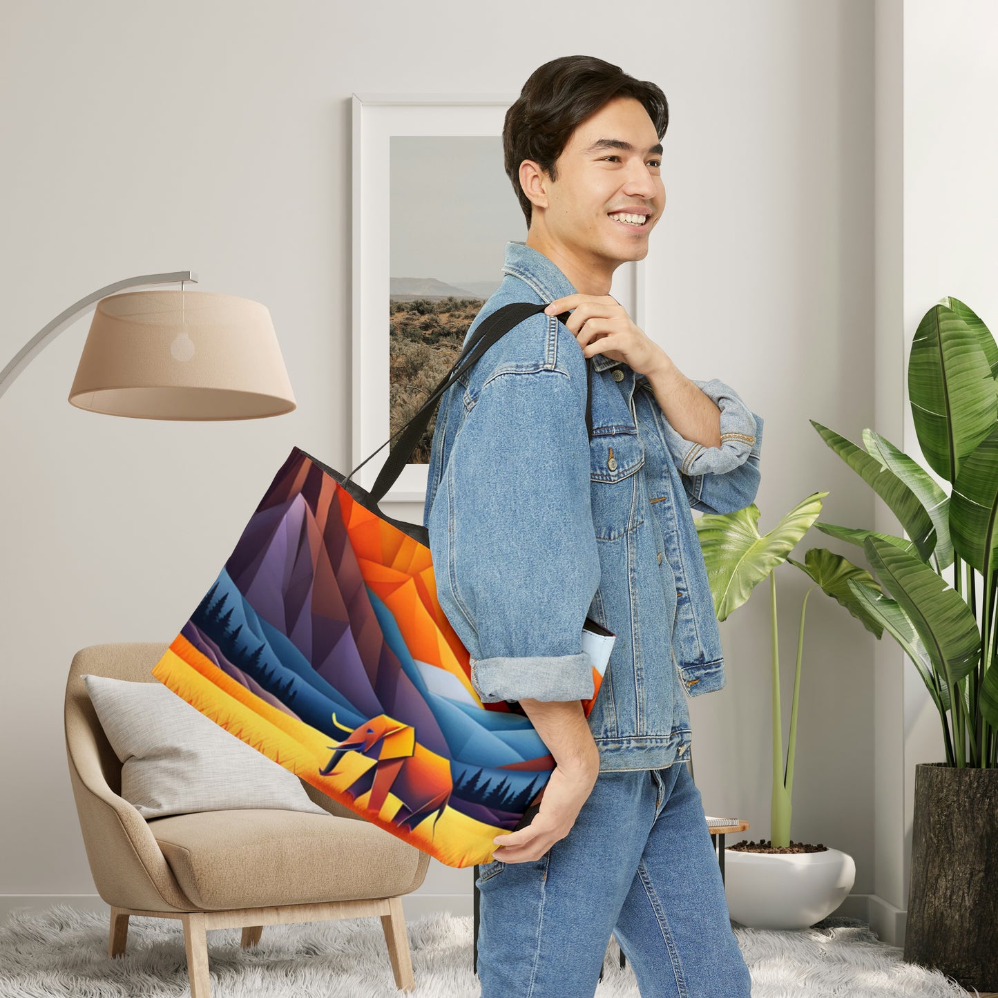 Colorful mountains with an elephant inspired Origami style design on this Weekender Tote Bag.