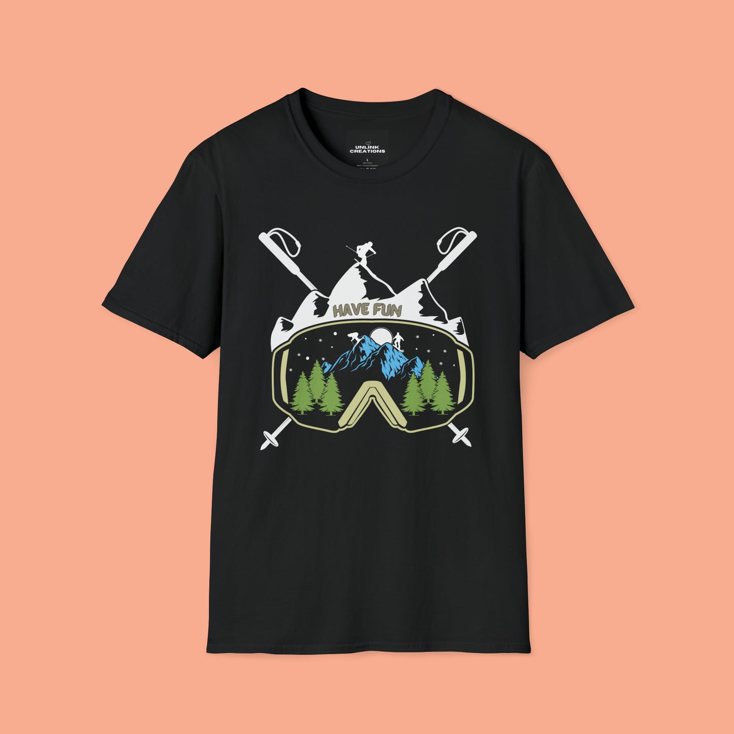 Winter fun! Go ski, snowboard and enjoy all that powder! This is a Unisex Softstyle T-Shirt.