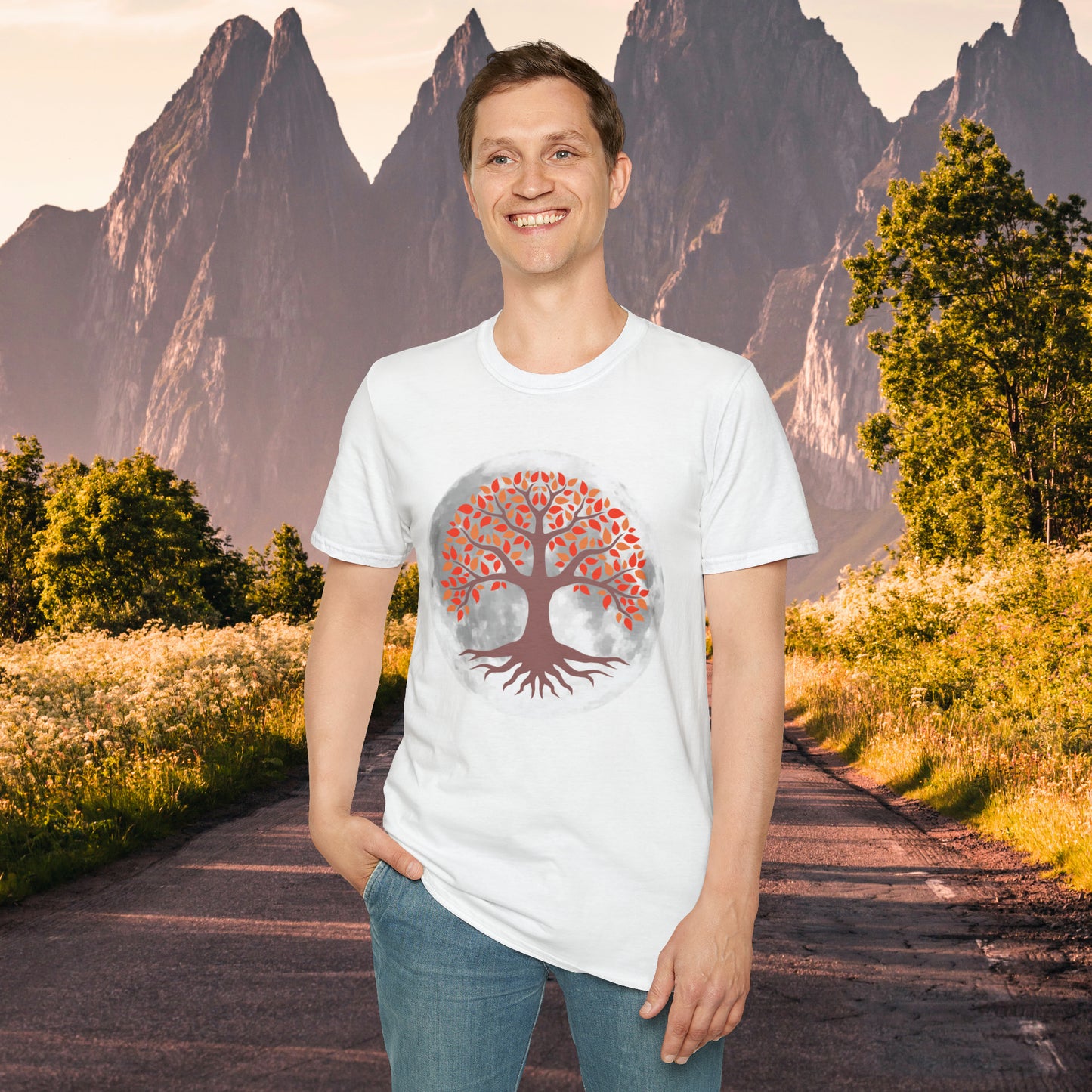 Beautifully strong tree with the moon as its backdrop on this Unisex Softstyle T-Shirt.