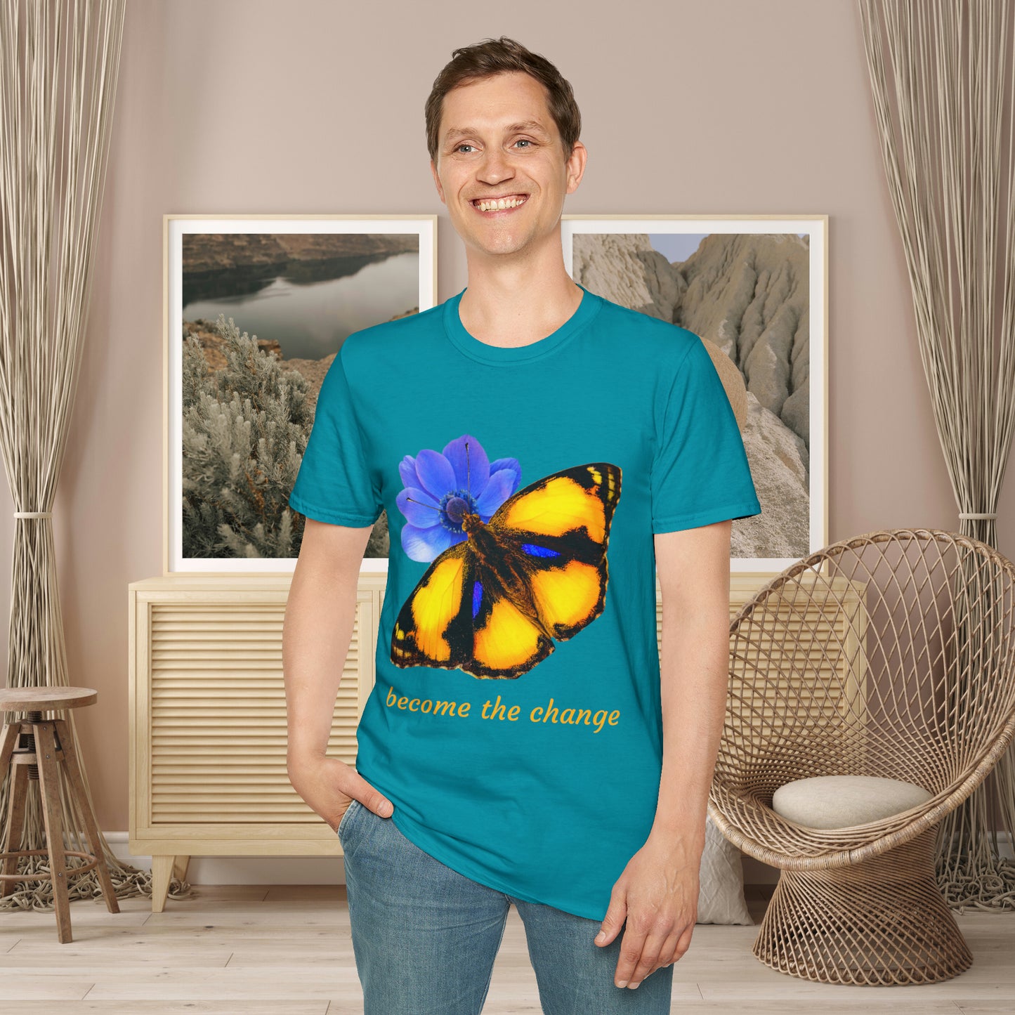 Beautiful “become the change" Unisex Softstyle T-Shirt butterfly design. Great as a gift or get one for yourself.