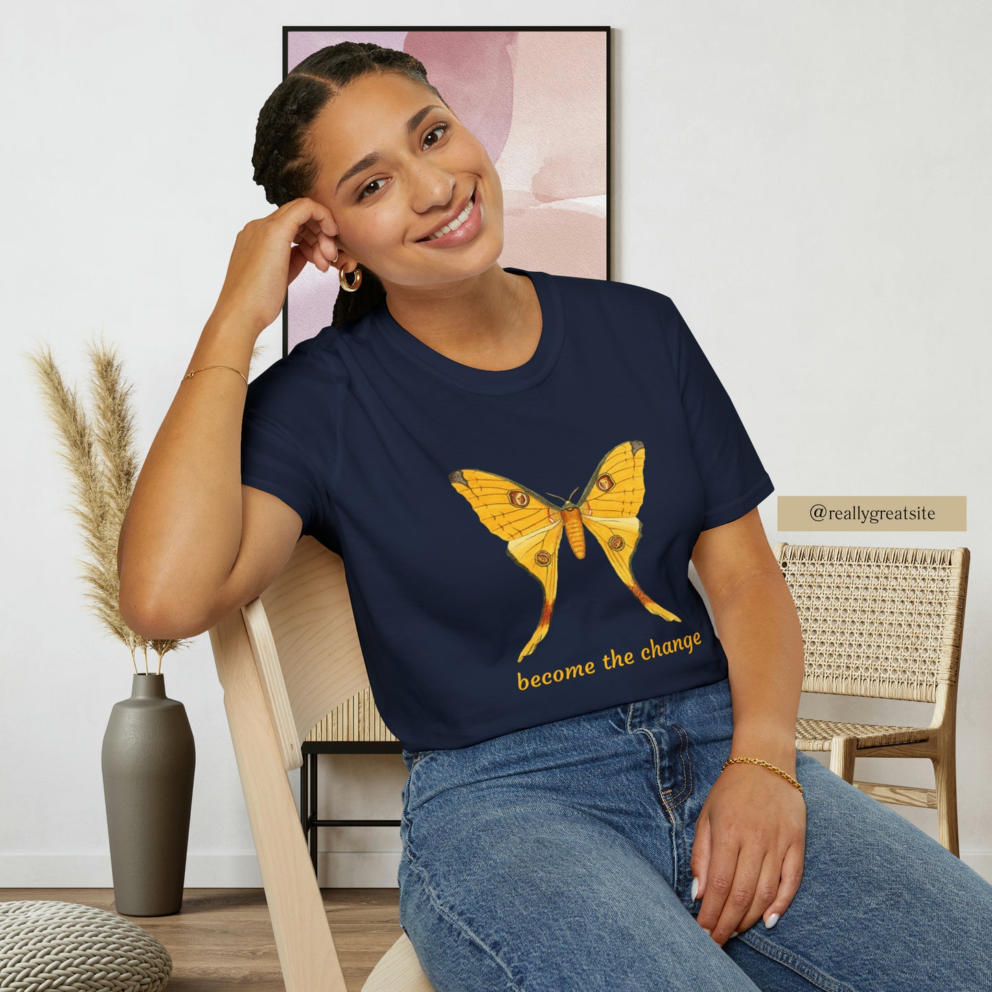 Beautiful butterfly “become the change” Unisex Softstyle T-Shirt design. A great and timeless message on a shirt.