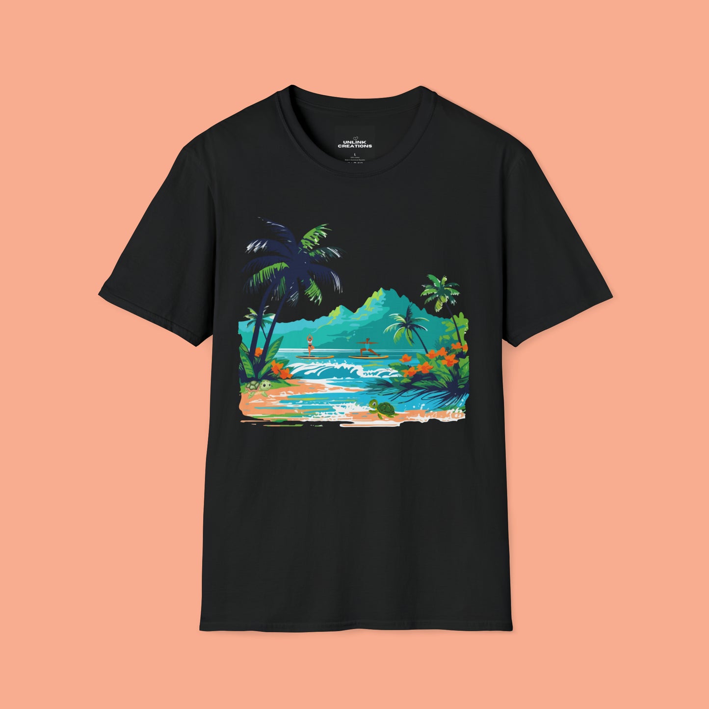 A peaceful paddle board yoga, anyone? With turtles, palm trees and yes the ocean and mountains. Enjoy! A Unisex Softstyle T-Shirt.