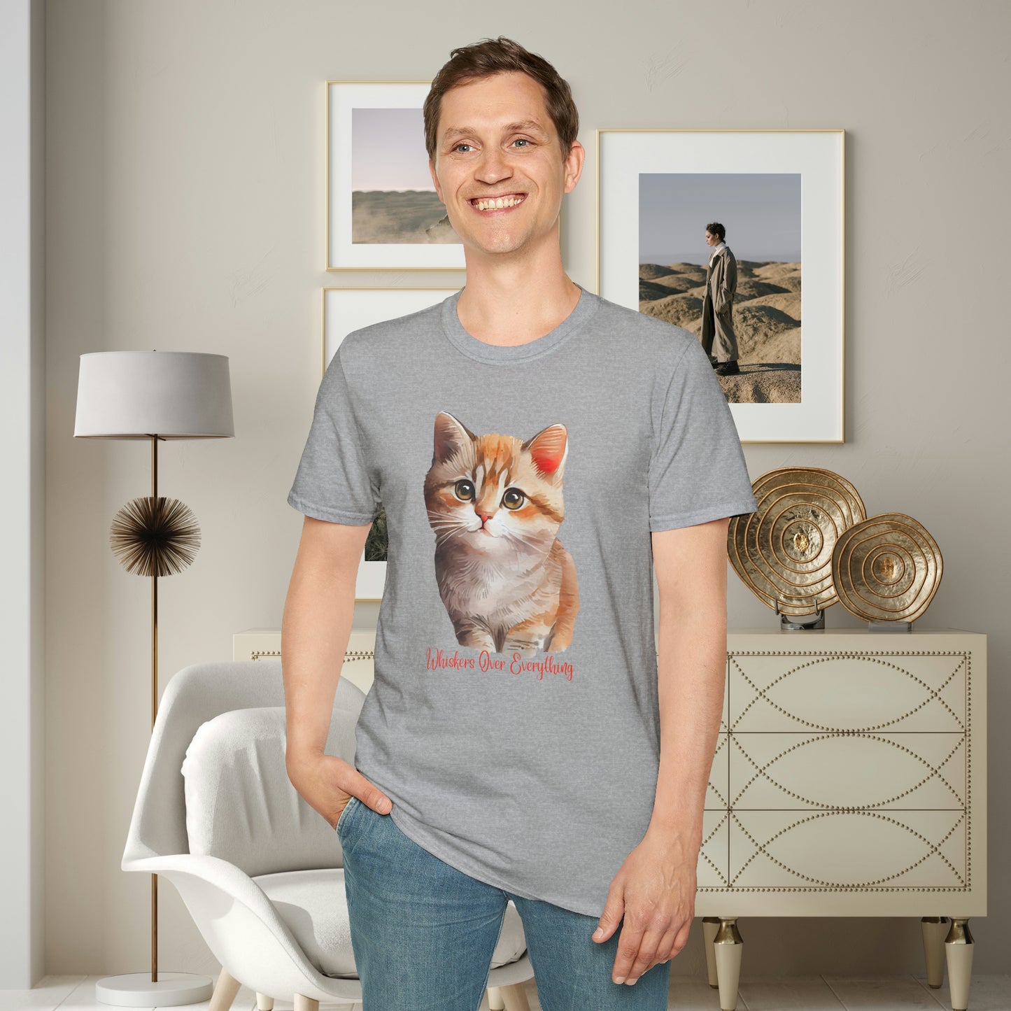 A cute cat with “Whiskers over everything” below it on this Unisex Softstyle T-Shirt. Cat lovers get this.