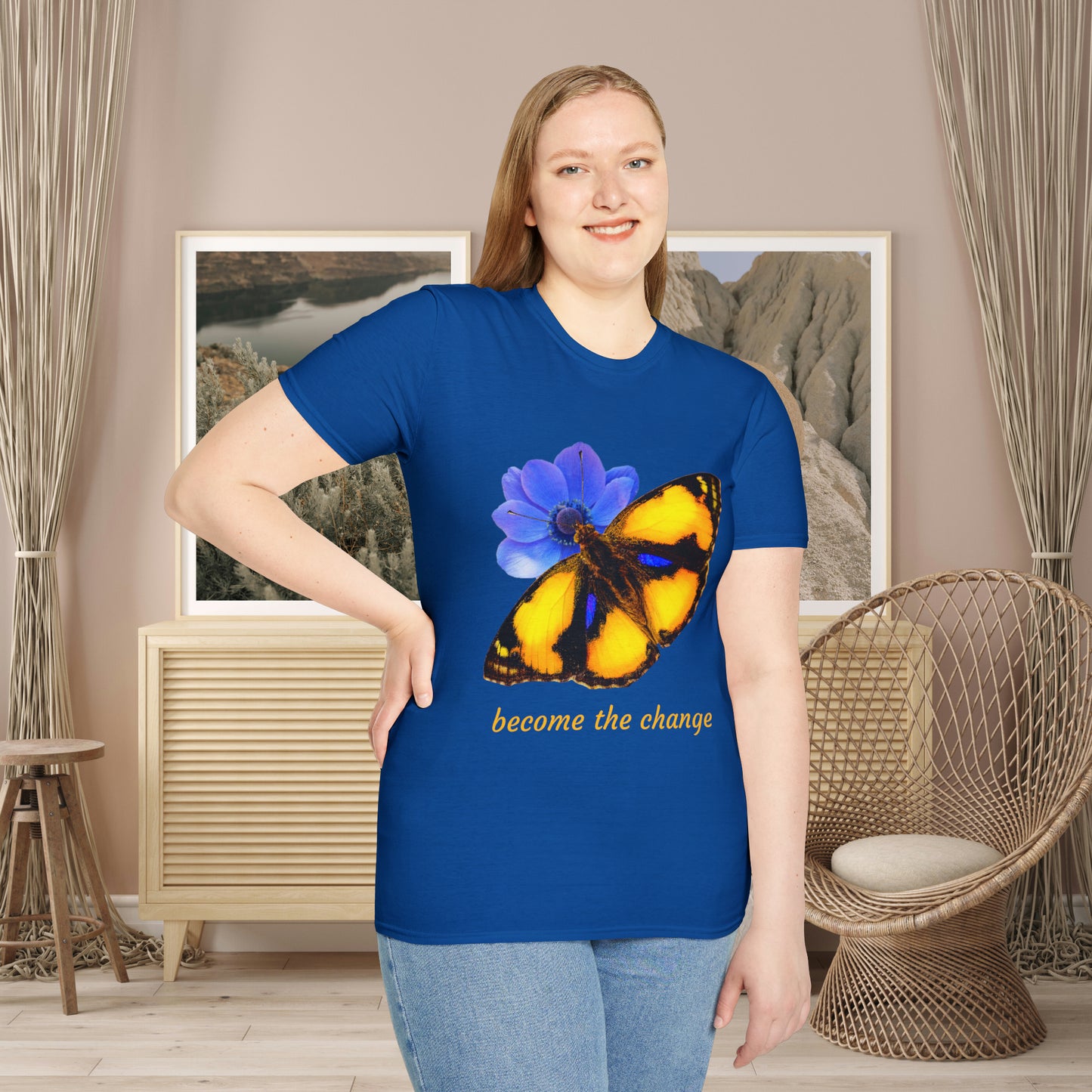 Beautiful “become the change" Unisex Softstyle T-Shirt butterfly design. Great as a gift or get one for yourself.