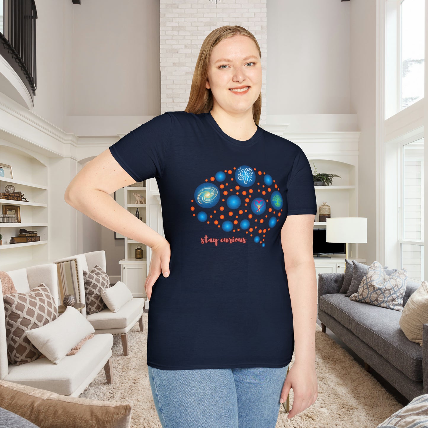 A beautiful brain and “stay curious” message are on this Unisex Softstyle T-Shirt design.
