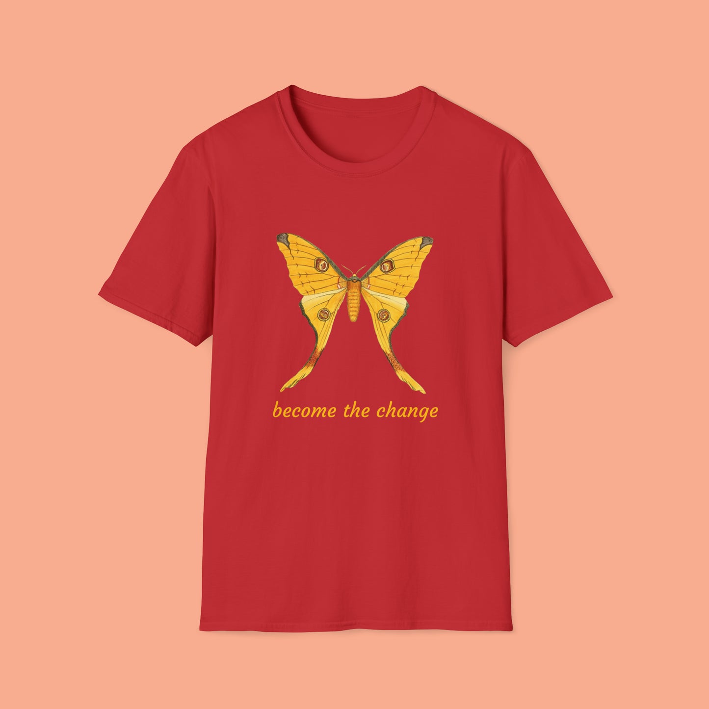 Beautiful butterfly “become the change” Unisex Softstyle T-Shirt design. A great and timeless message on a shirt.