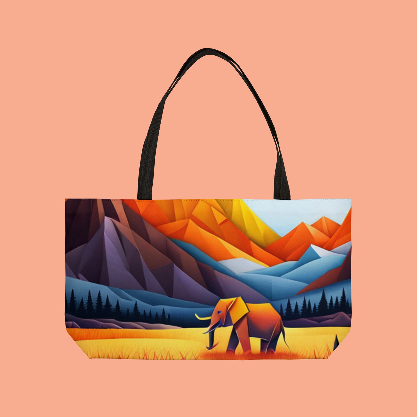 Colorful mountains with an elephant inspired Origami style design on this Weekender Tote Bag.