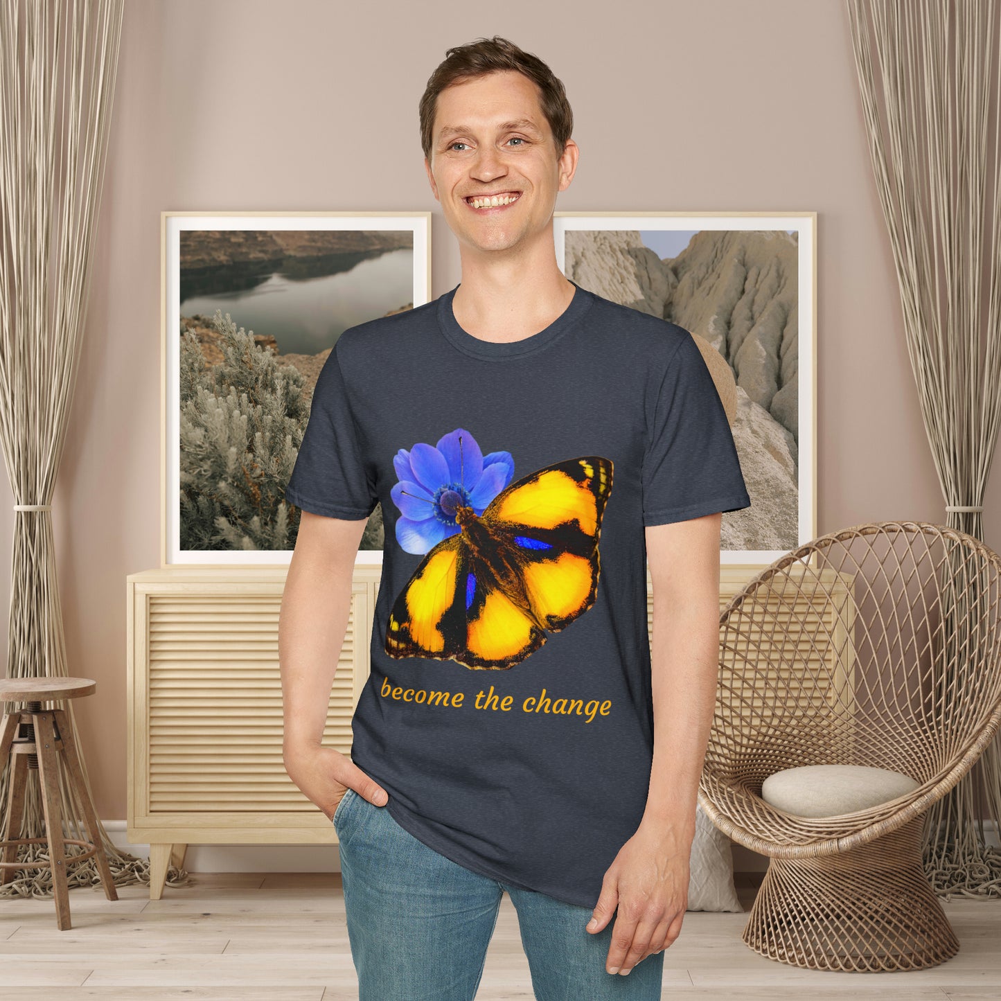 Beautiful “become the change" Unisex Softstyle T-Shirt butterfly design. Great as a gift or get one for yourself.