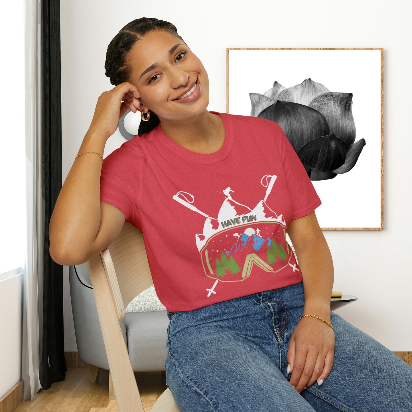 Winter fun! Go ski, snowboard and enjoy all that powder! This is a Unisex Softstyle T-Shirt.