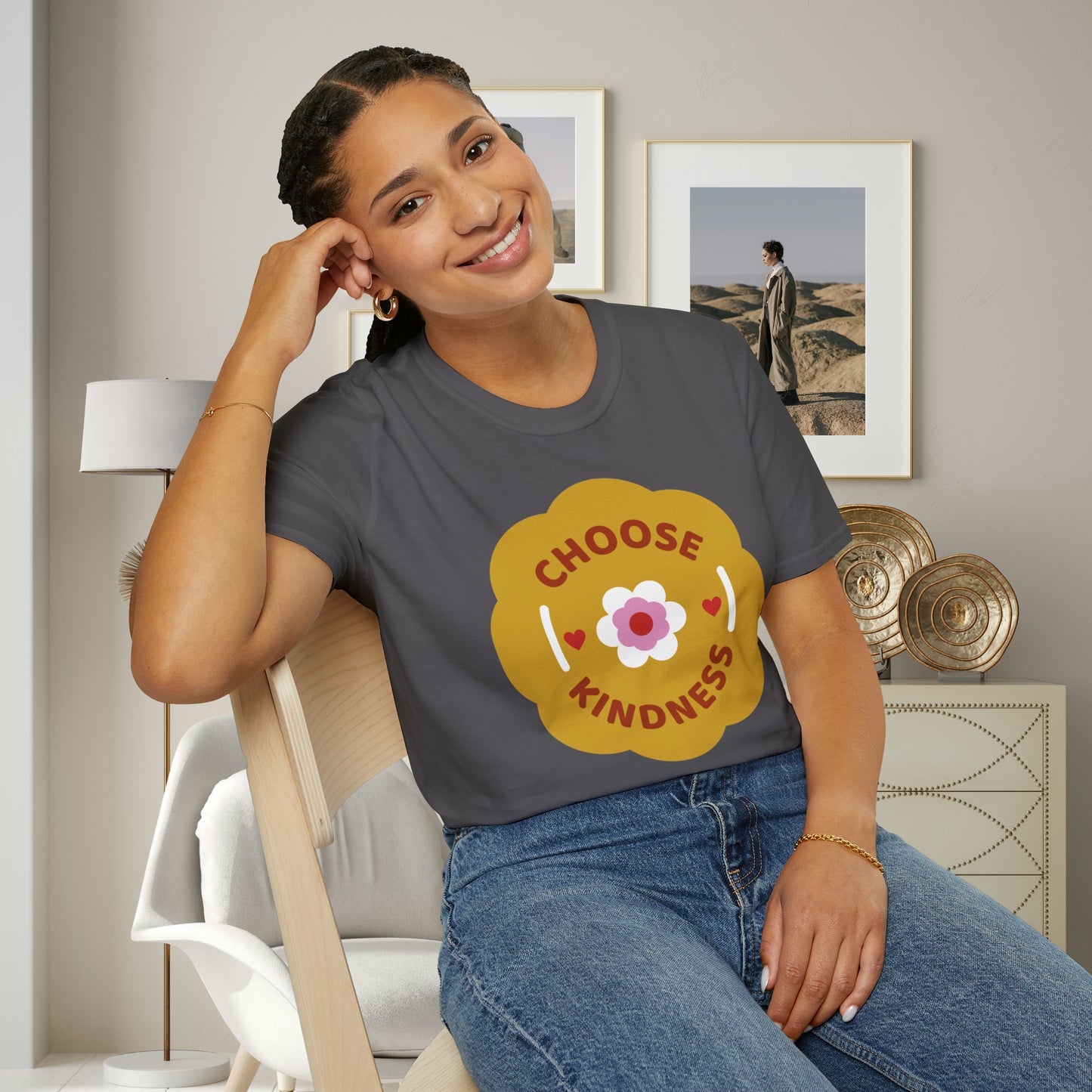 Flowery “CHOOSE KINDNESS” message on the shirt for you! This is a Unisex Softstyle T-Shirt.