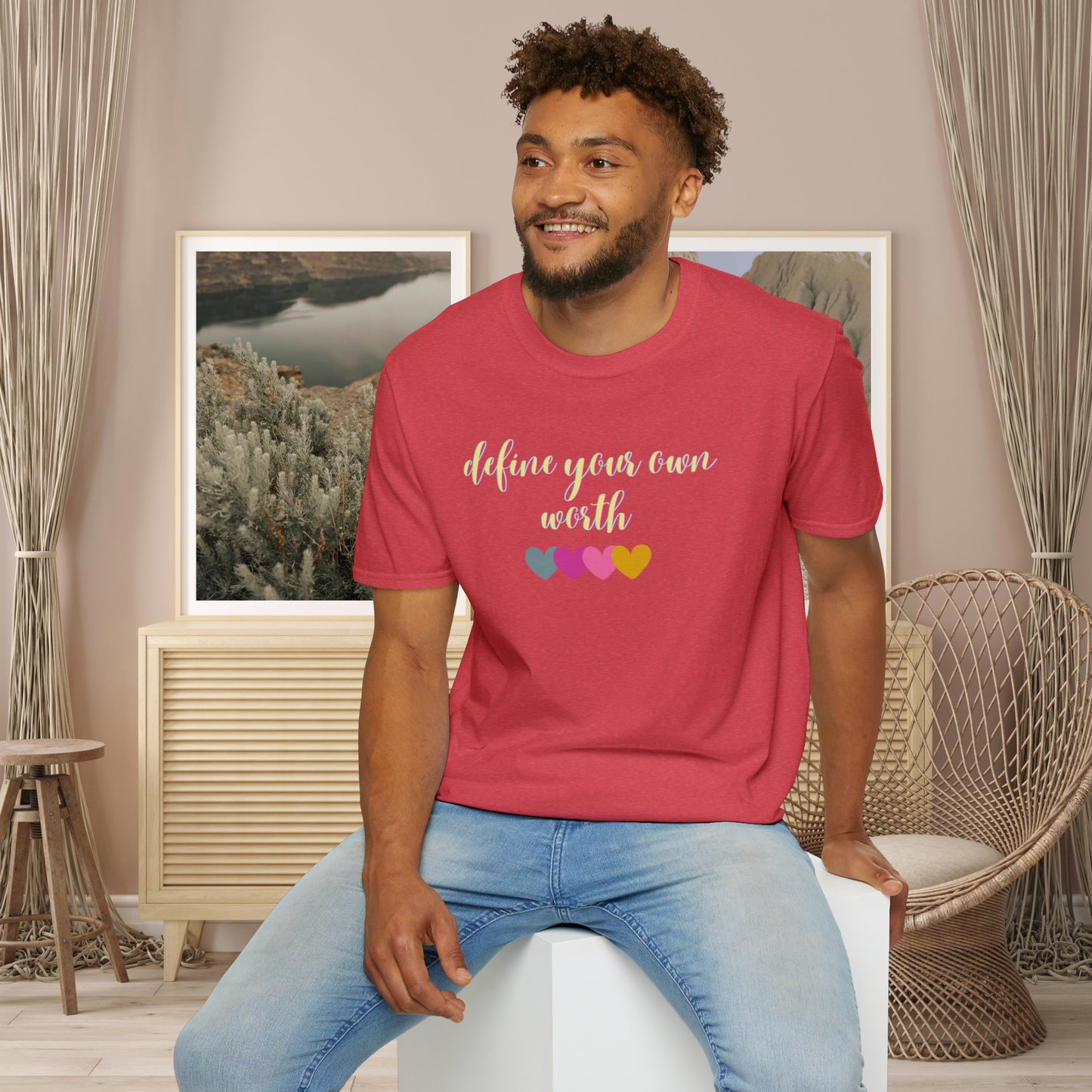 Motivational message to “define your own worth” instead of letting others do it for you on this Unisex Softstyle T-Shirt.