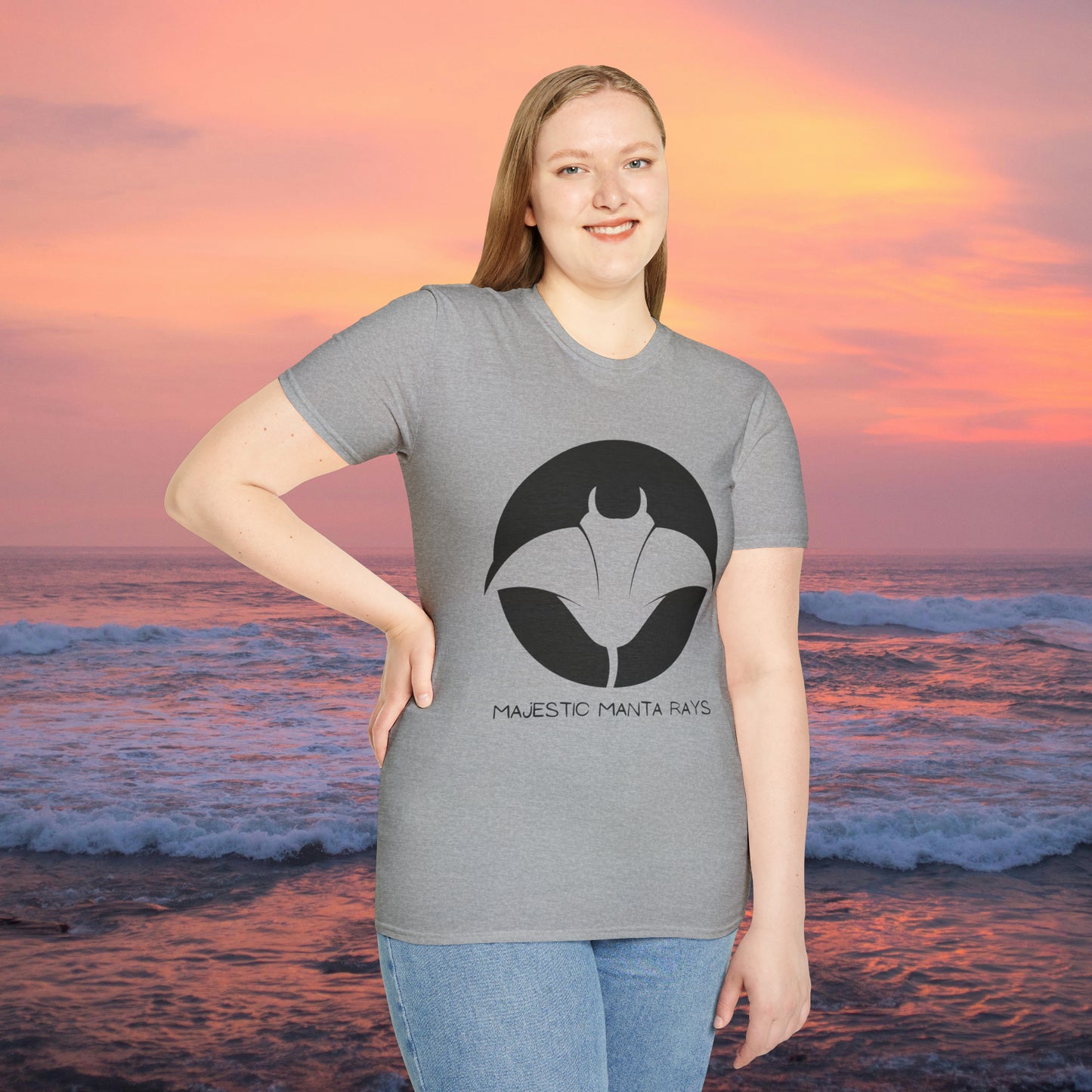 Black and white Majestic Manta Rays Design on this Unisex Softstyle T-Shirt. These giants seemingly fly through the water so gracefully, just watch and don’t touch.