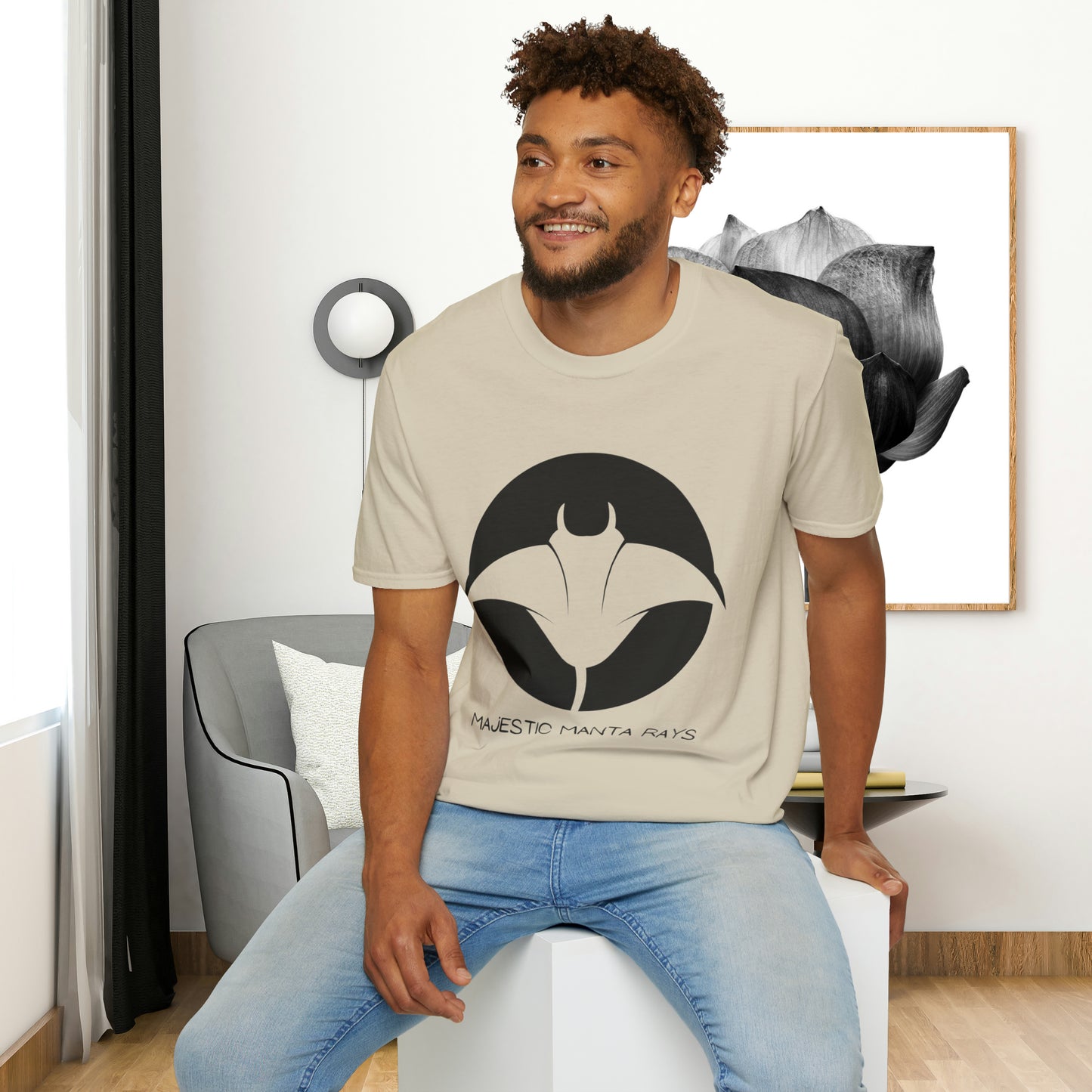 Black and white Majestic Manta Rays Design on this Unisex Softstyle T-Shirt. These giants seemingly fly through the water so gracefully, just watch and don’t touch.