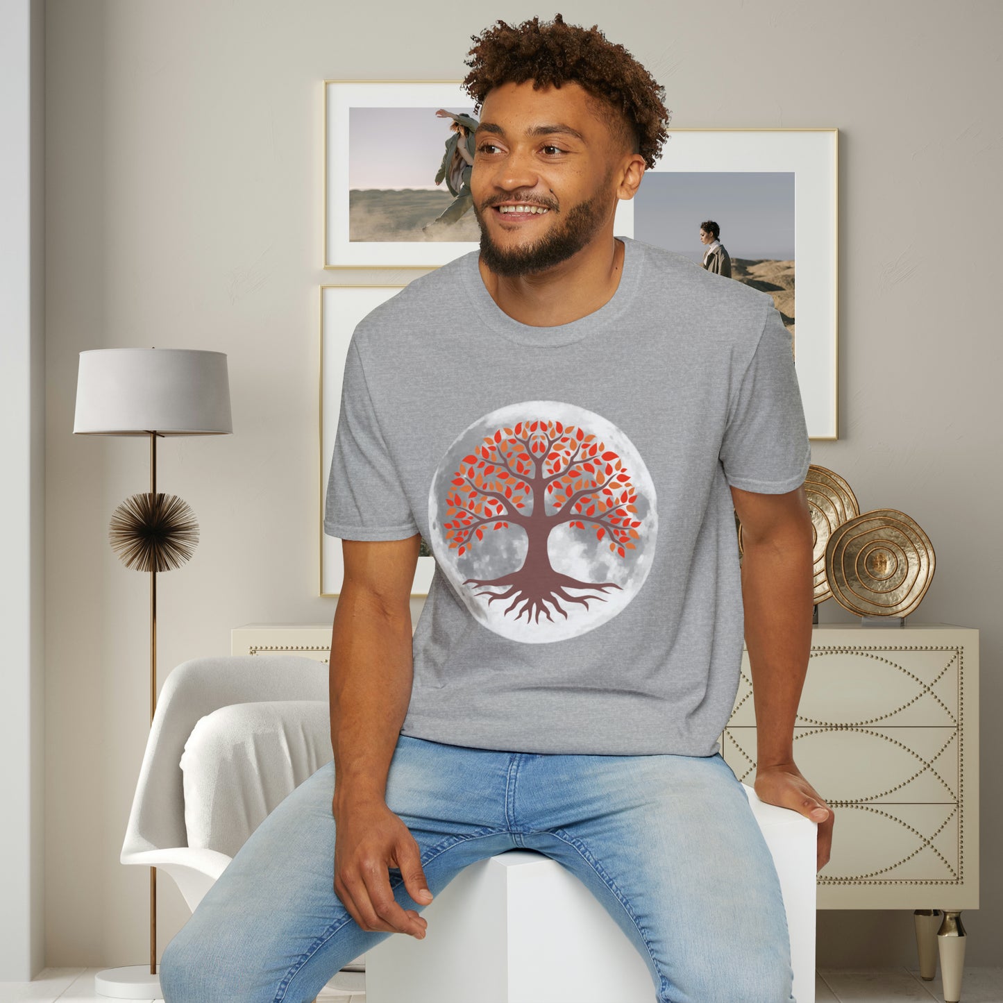 Beautifully strong tree with the moon as its backdrop on this Unisex Softstyle T-Shirt.