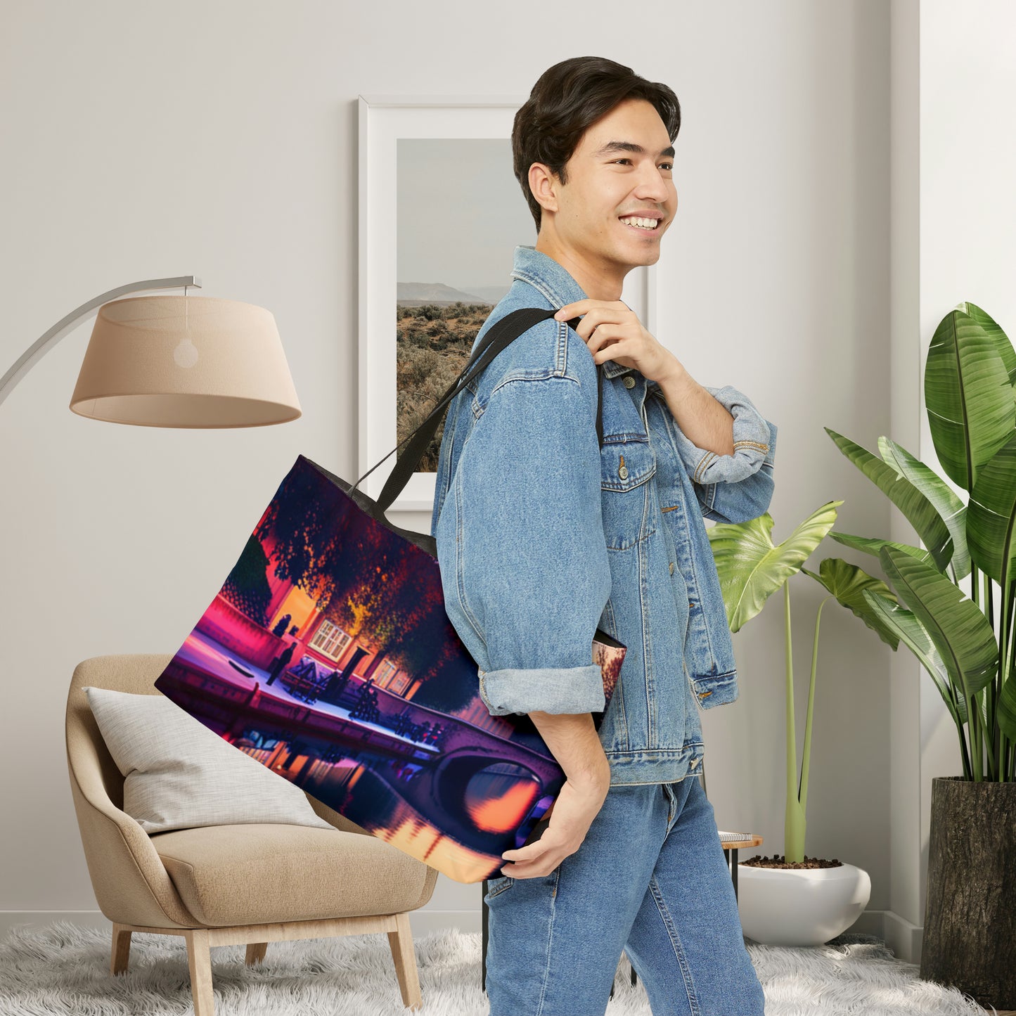 European street by a canal at dusk inspired design on this Weekender Tote Bag.