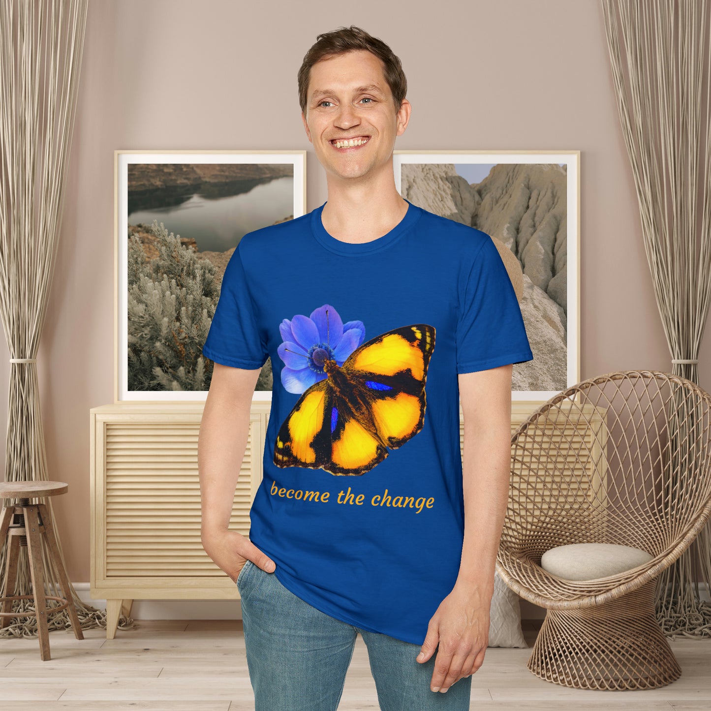 Beautiful “become the change" Unisex Softstyle T-Shirt butterfly design. Great as a gift or get one for yourself.