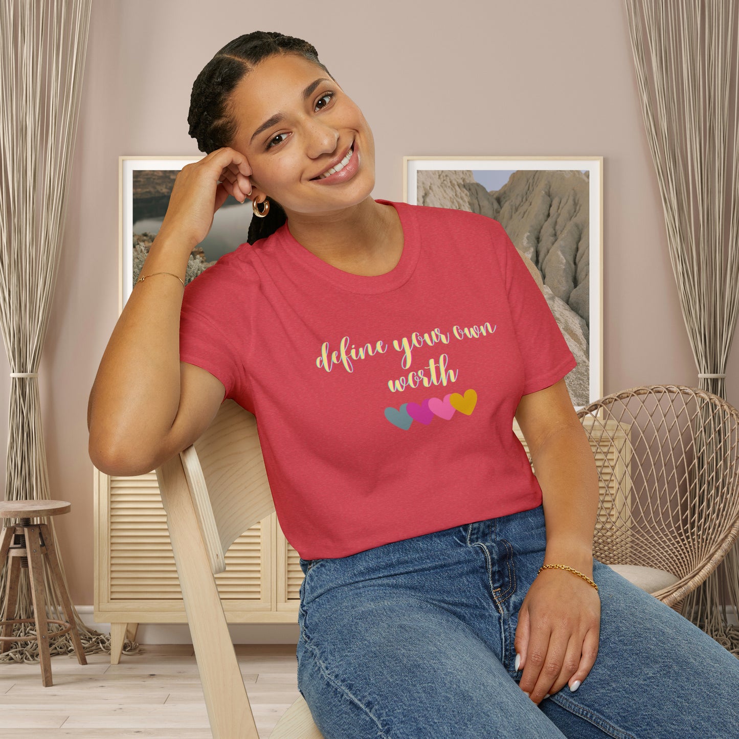 Motivational message to “define your own worth” instead of letting others do it for you on this Unisex Softstyle T-Shirt.